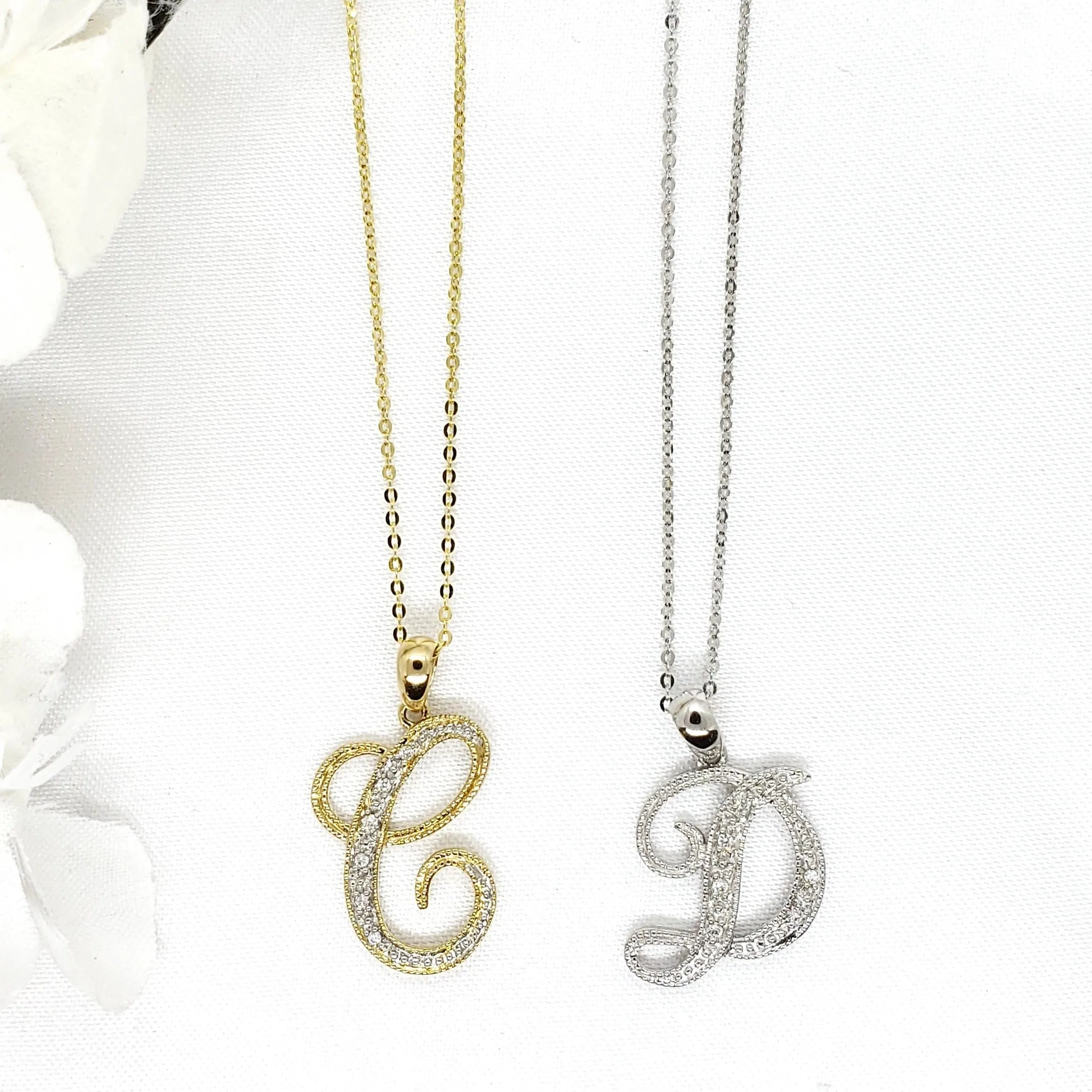 10k White Gold Diamond Script Initial Necklace