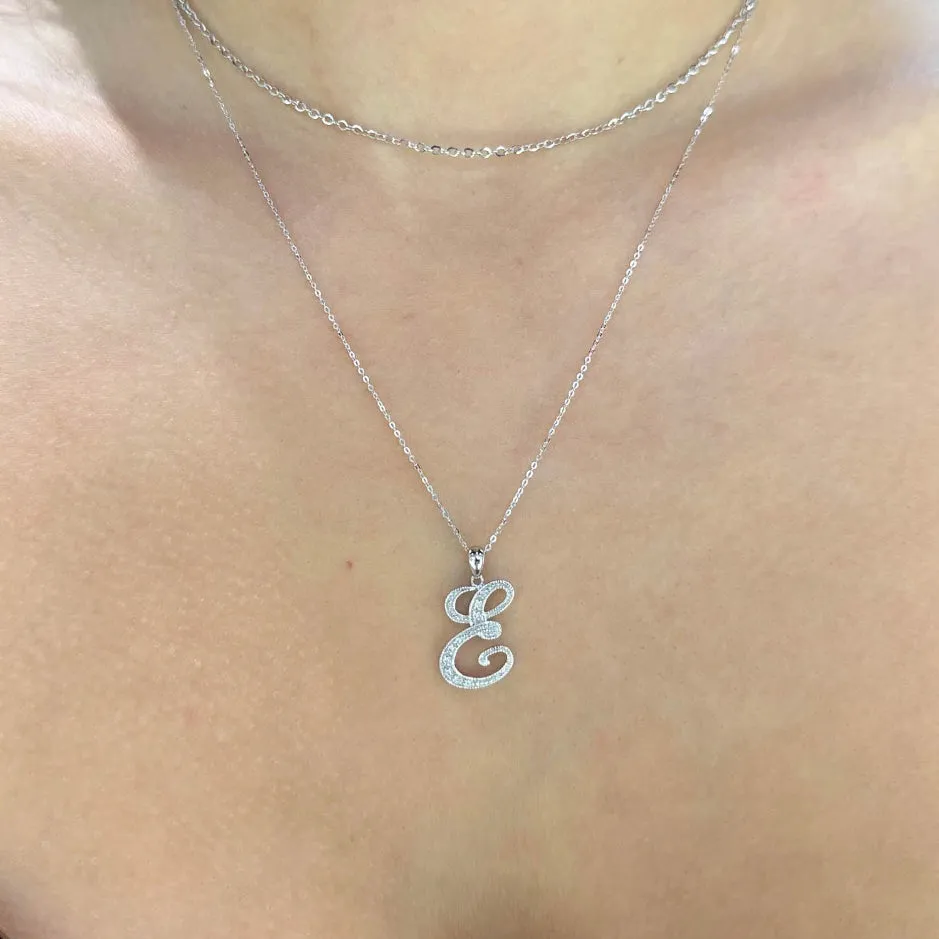 10k White Gold Diamond Script Initial Necklace