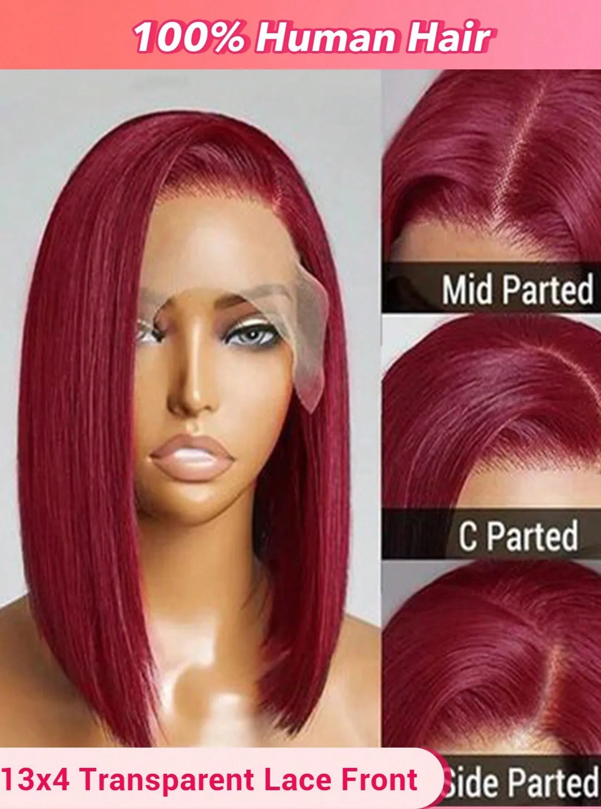 13X4 Burgundy Transparent Lace Front Bob Human Hair Wig