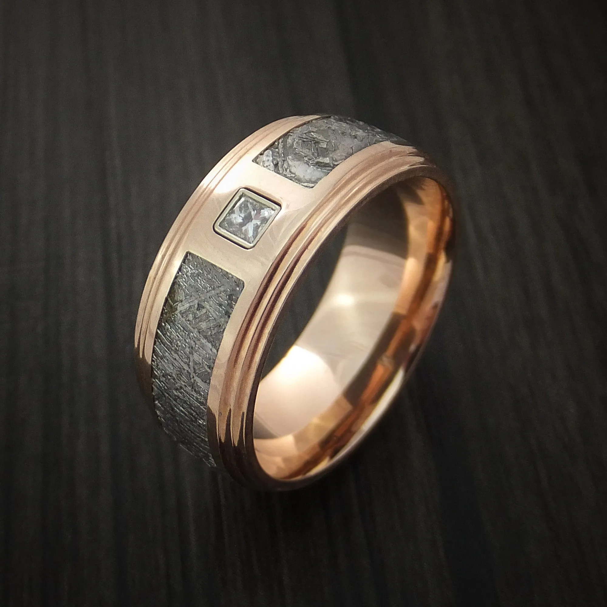 14K Rose Gold and Meteorite Men's Ring with Beautiful Diamond Custom Made