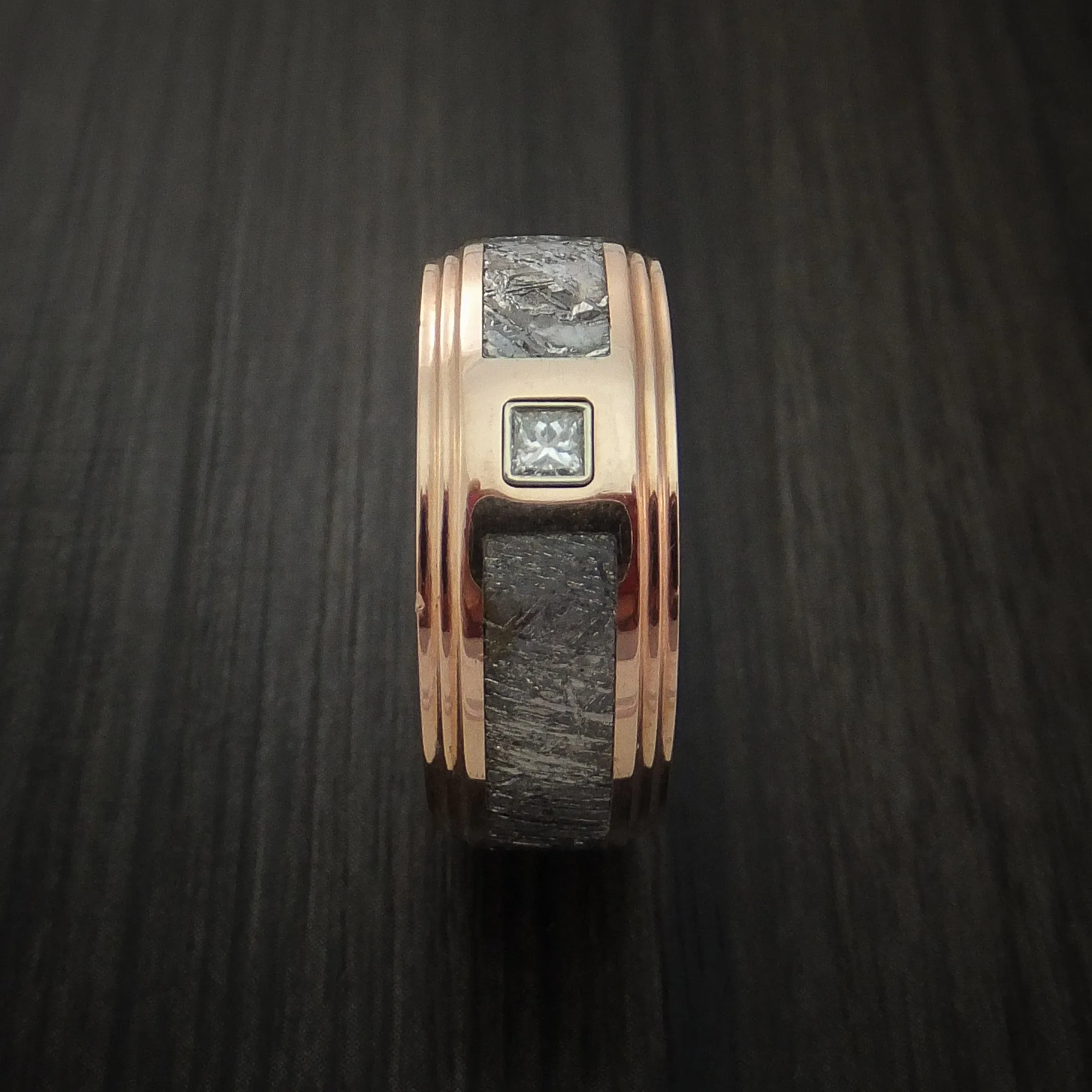 14K Rose Gold and Meteorite Men's Ring with Beautiful Diamond Custom Made