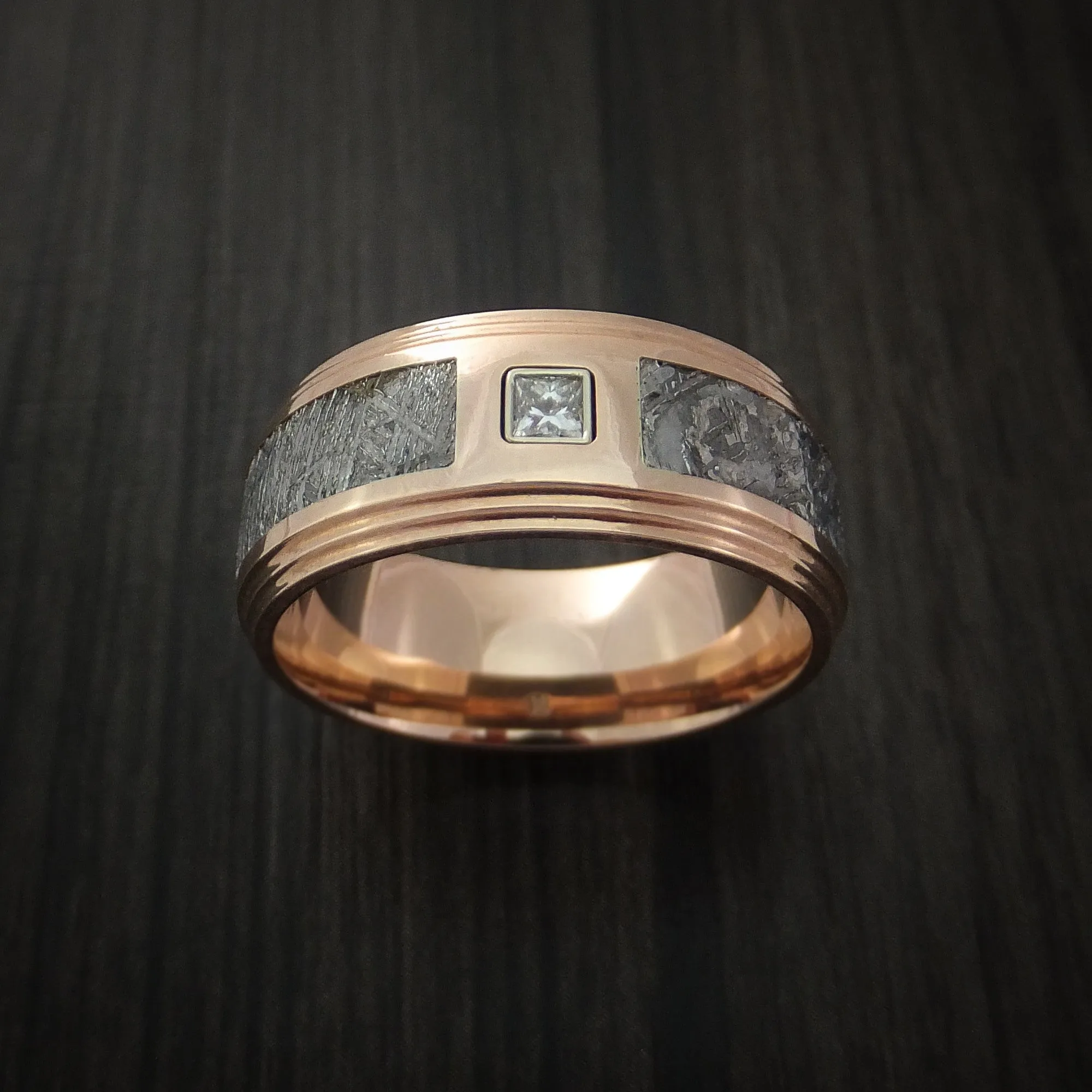 14K Rose Gold and Meteorite Men's Ring with Beautiful Diamond Custom Made