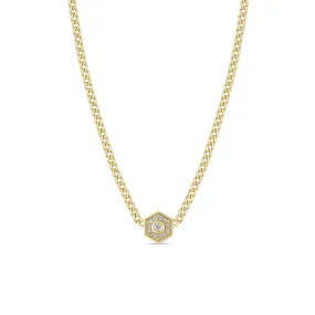 14k Small Curb Chain Diamond Hexagon Halo Necklace