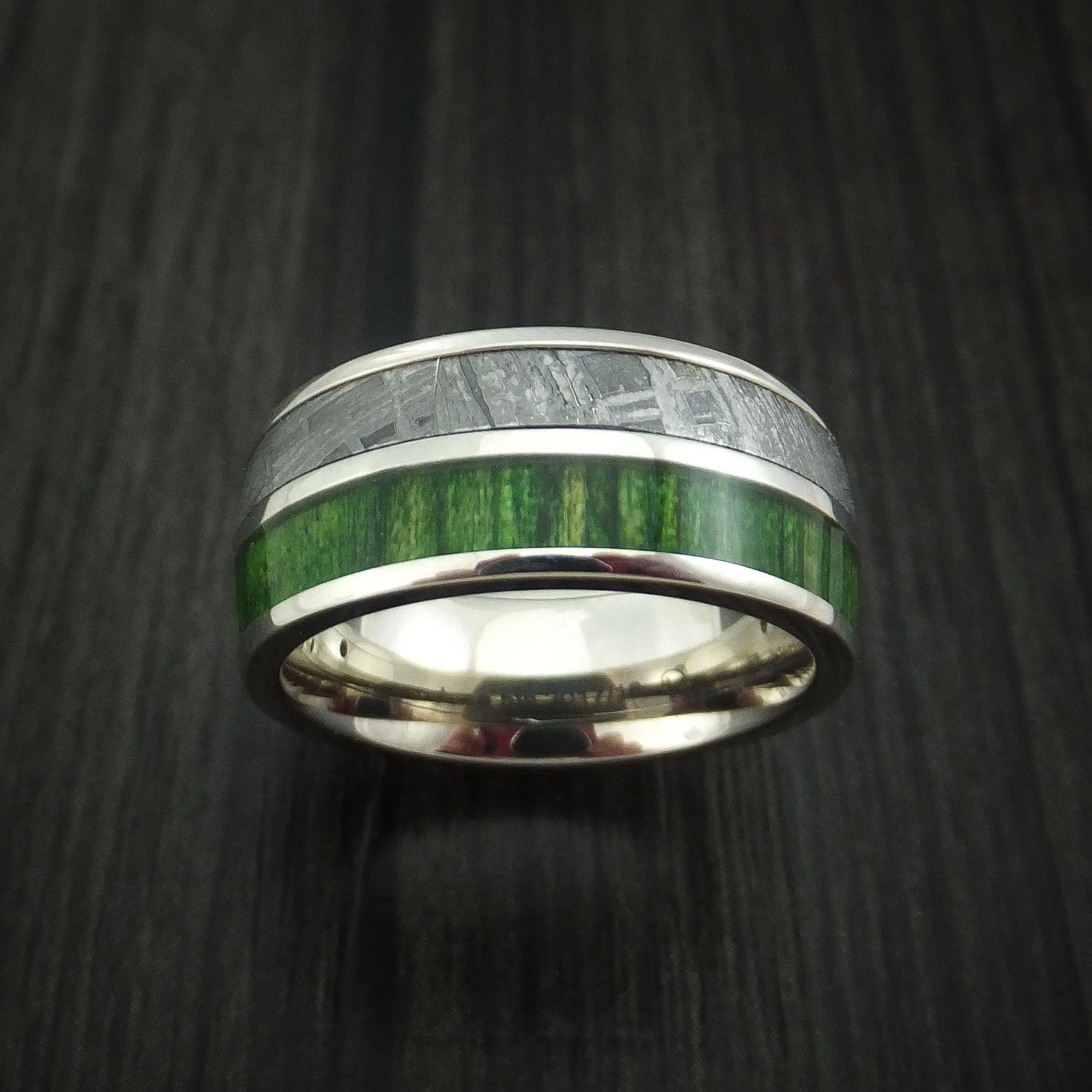 14k White Gold Men's Ring with Gibeon Meteorite and Jade Wood Inlays Custom Made