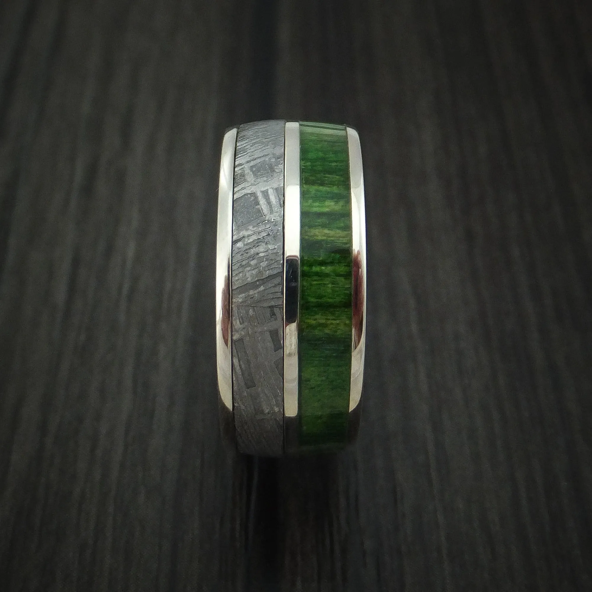 14k White Gold Men's Ring with Gibeon Meteorite and Jade Wood Inlays Custom Made