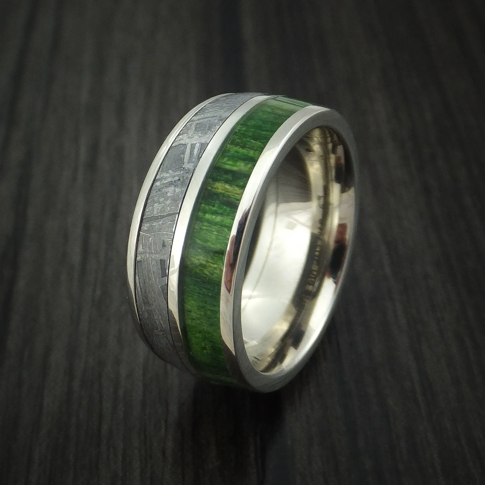 14k White Gold Men's Ring with Gibeon Meteorite and Jade Wood Inlays Custom Made