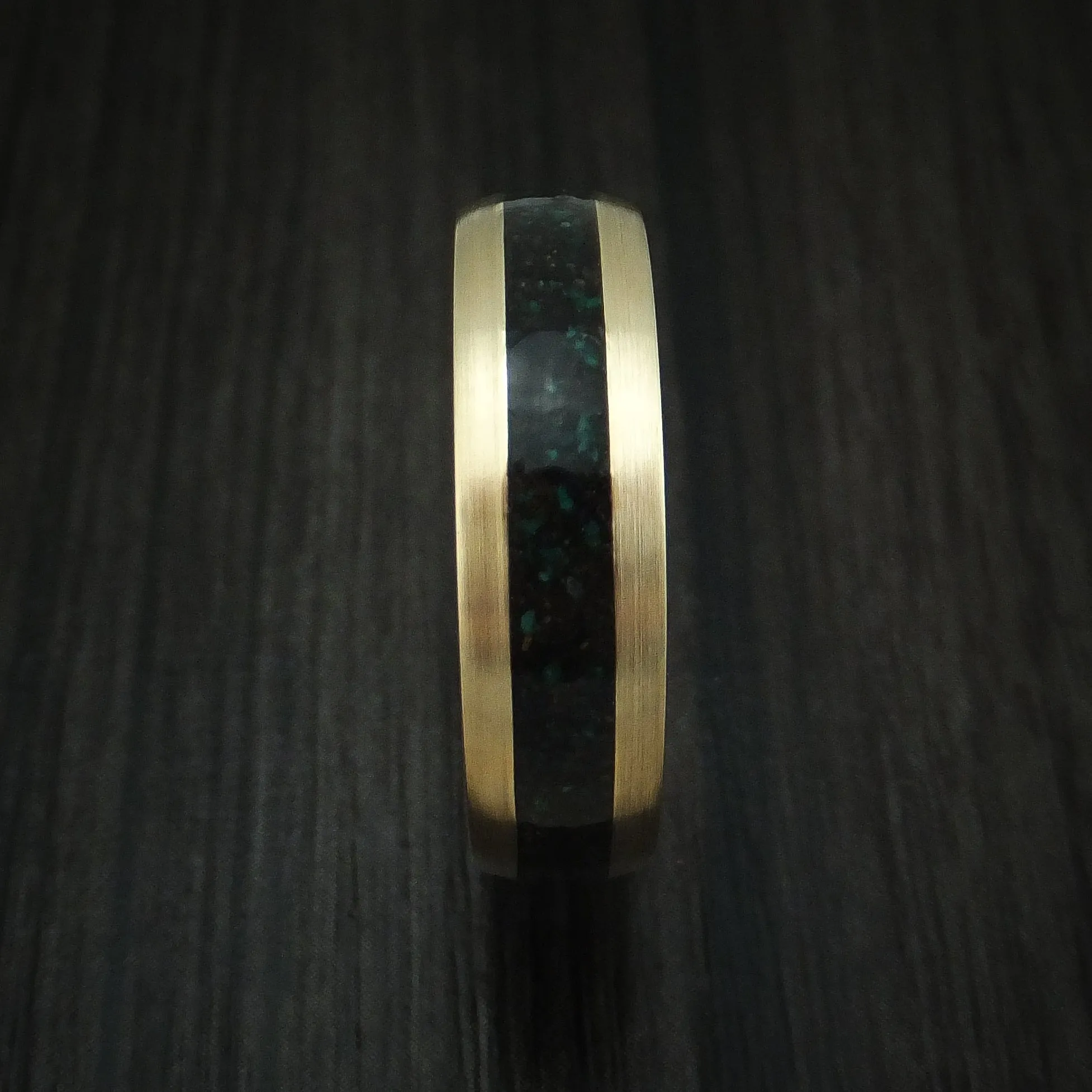 14K Yellow Gold And Black Dinosaur Bone and Malachite Men's Ring Custom Made Fossil Band