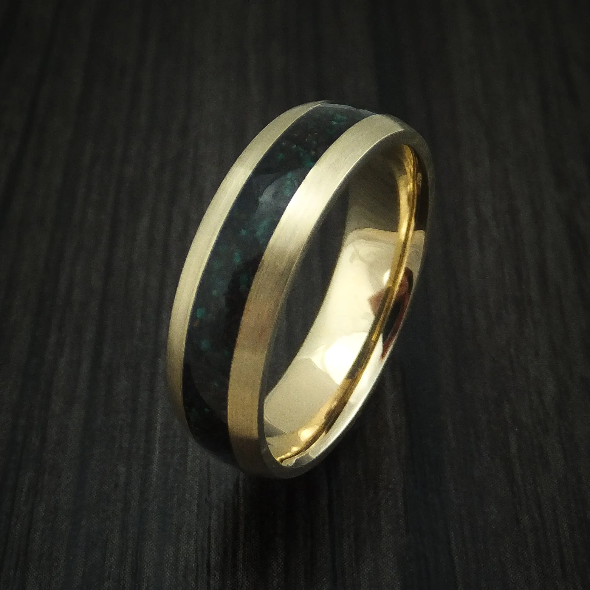 14K Yellow Gold And Black Dinosaur Bone and Malachite Men's Ring Custom Made Fossil Band