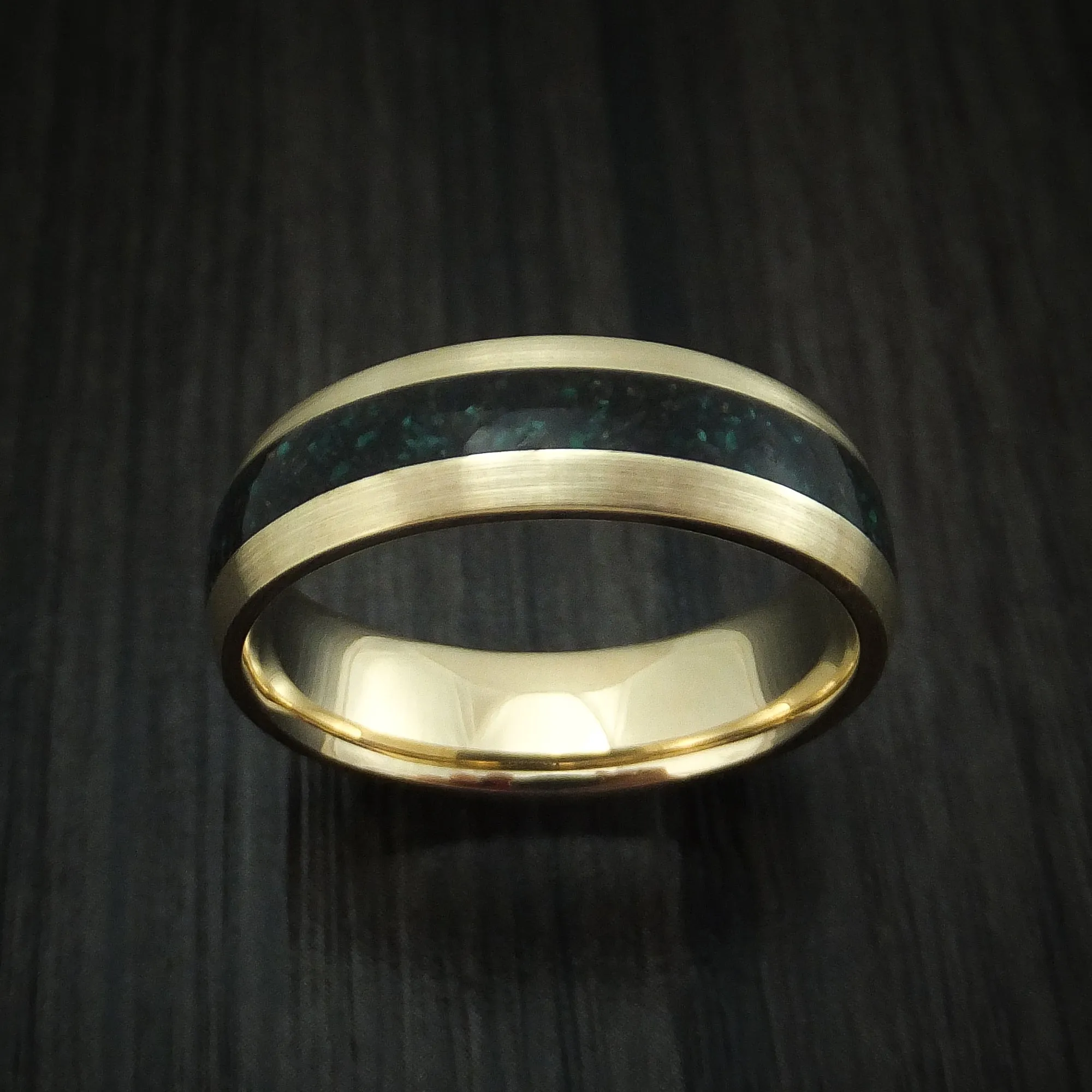 14K Yellow Gold And Black Dinosaur Bone and Malachite Men's Ring Custom Made Fossil Band