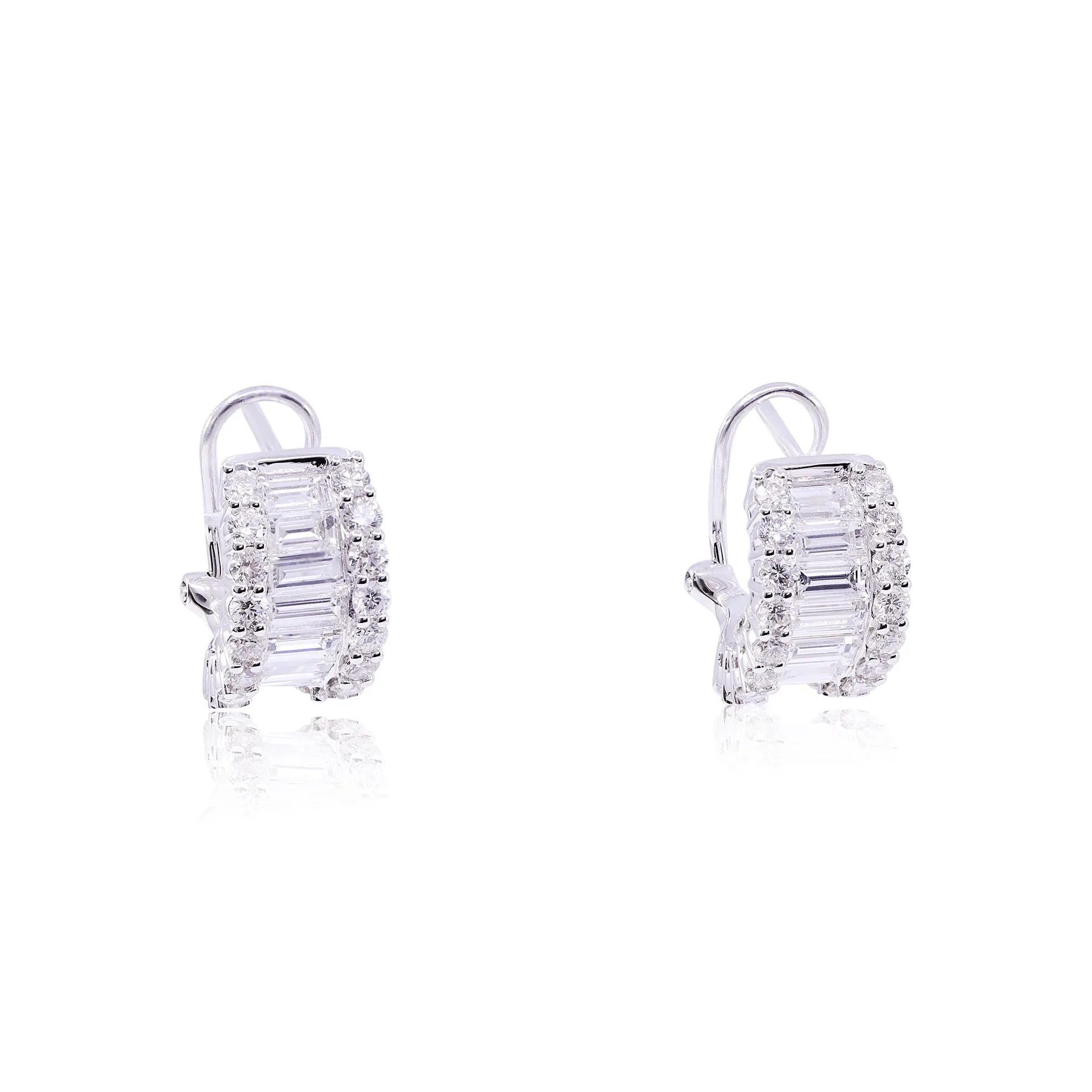 18K WHITE GOLD ROUND AND BAGUETTE DIAMOND HUGGIE HOOP EARRINGS 3.63CTW