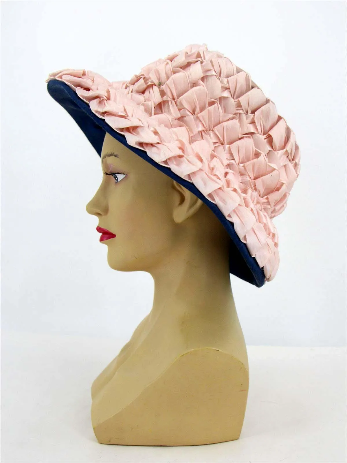 1960s Vintage Pink Raffia Detail Blue Hat