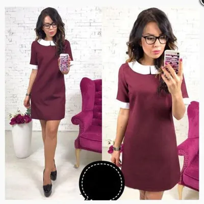 2018 Fashion Summer Women Straight Turn-Down Collar Work shirt dress Vestidos Short Sleeve Casual club Party wine red Mini dress