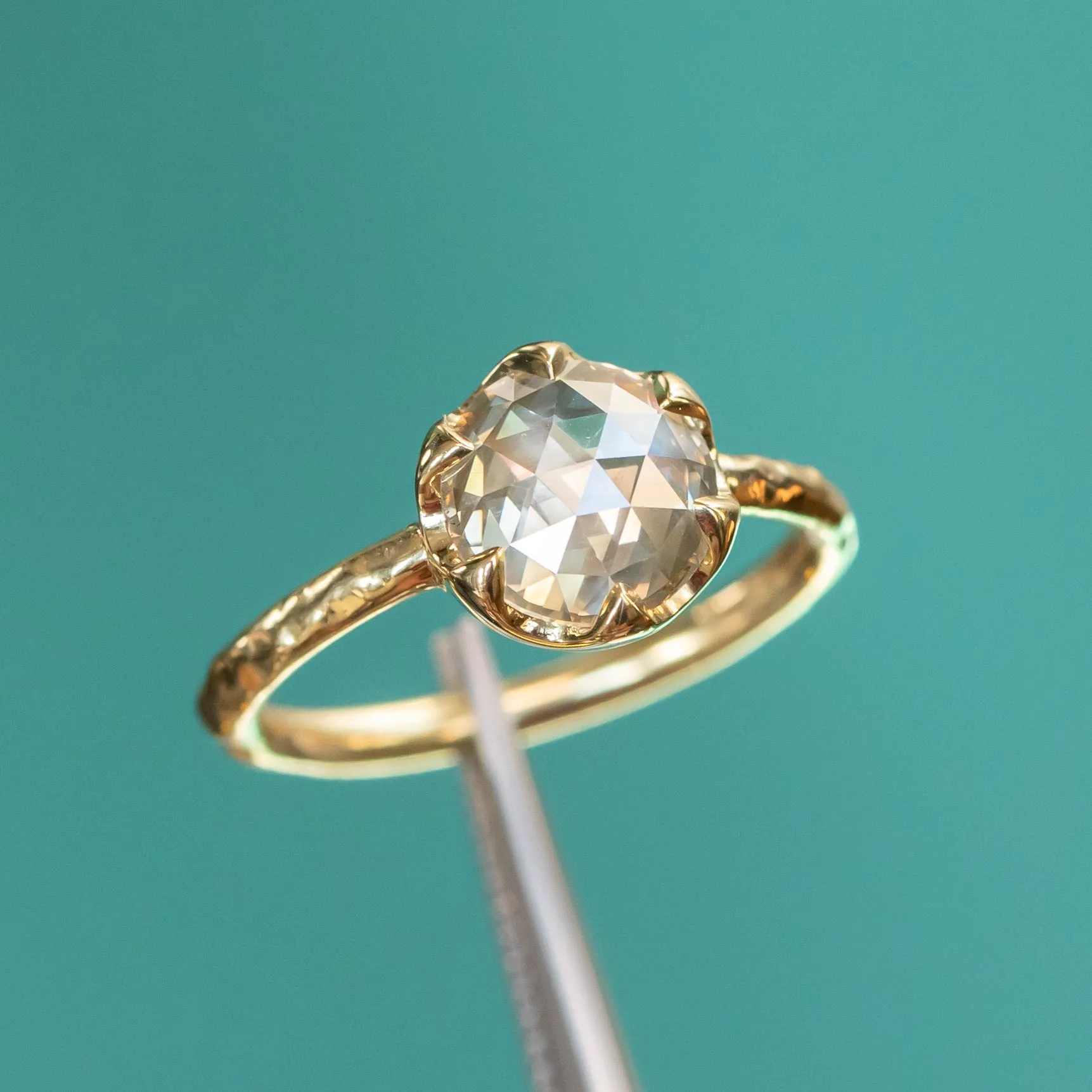 2.02ct Rosecut Champagne Diamond 6-Prong Low Profile Ring with Evergreen Carved Band in 18K Yellow Gold