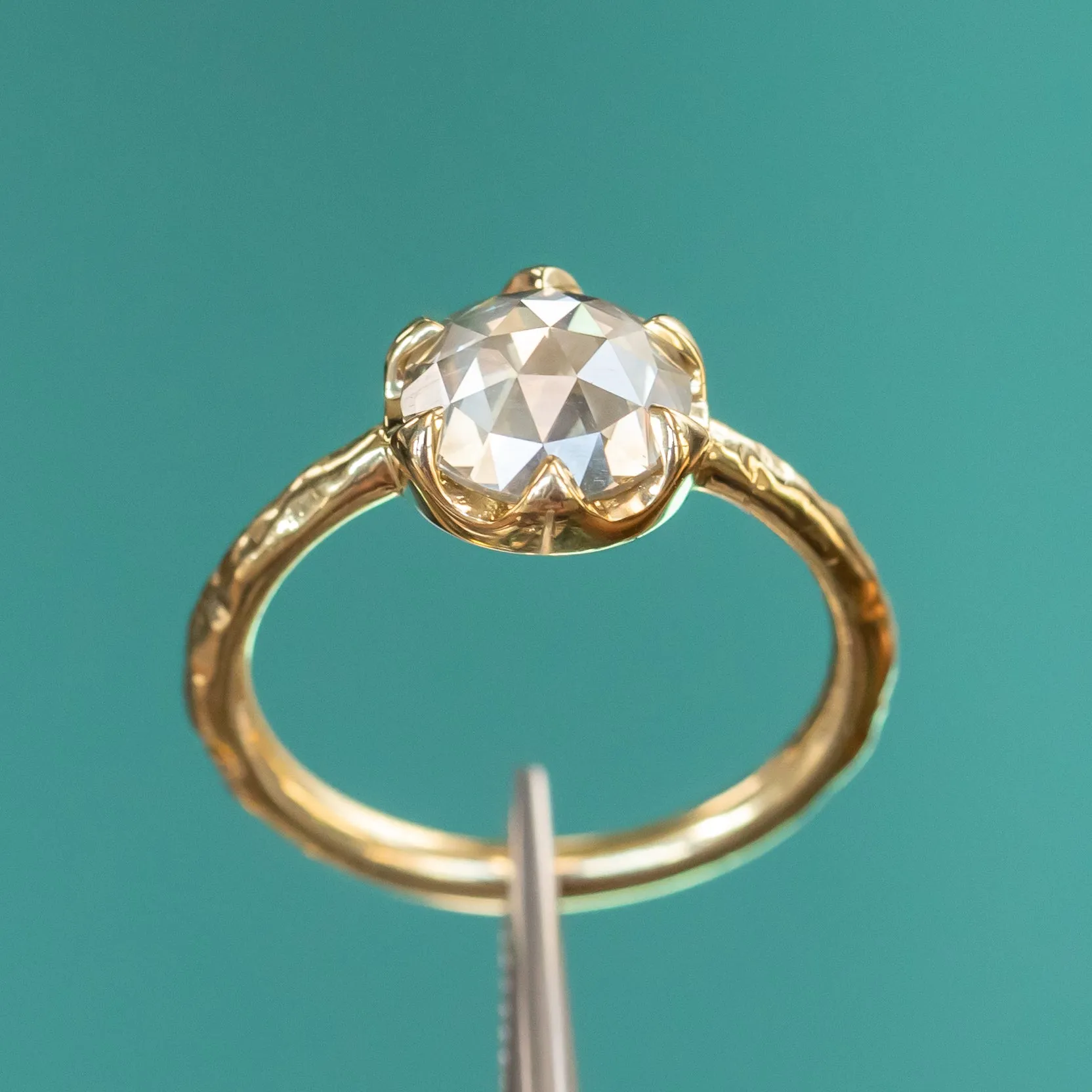 2.02ct Rosecut Champagne Diamond 6-Prong Low Profile Ring with Evergreen Carved Band in 18K Yellow Gold