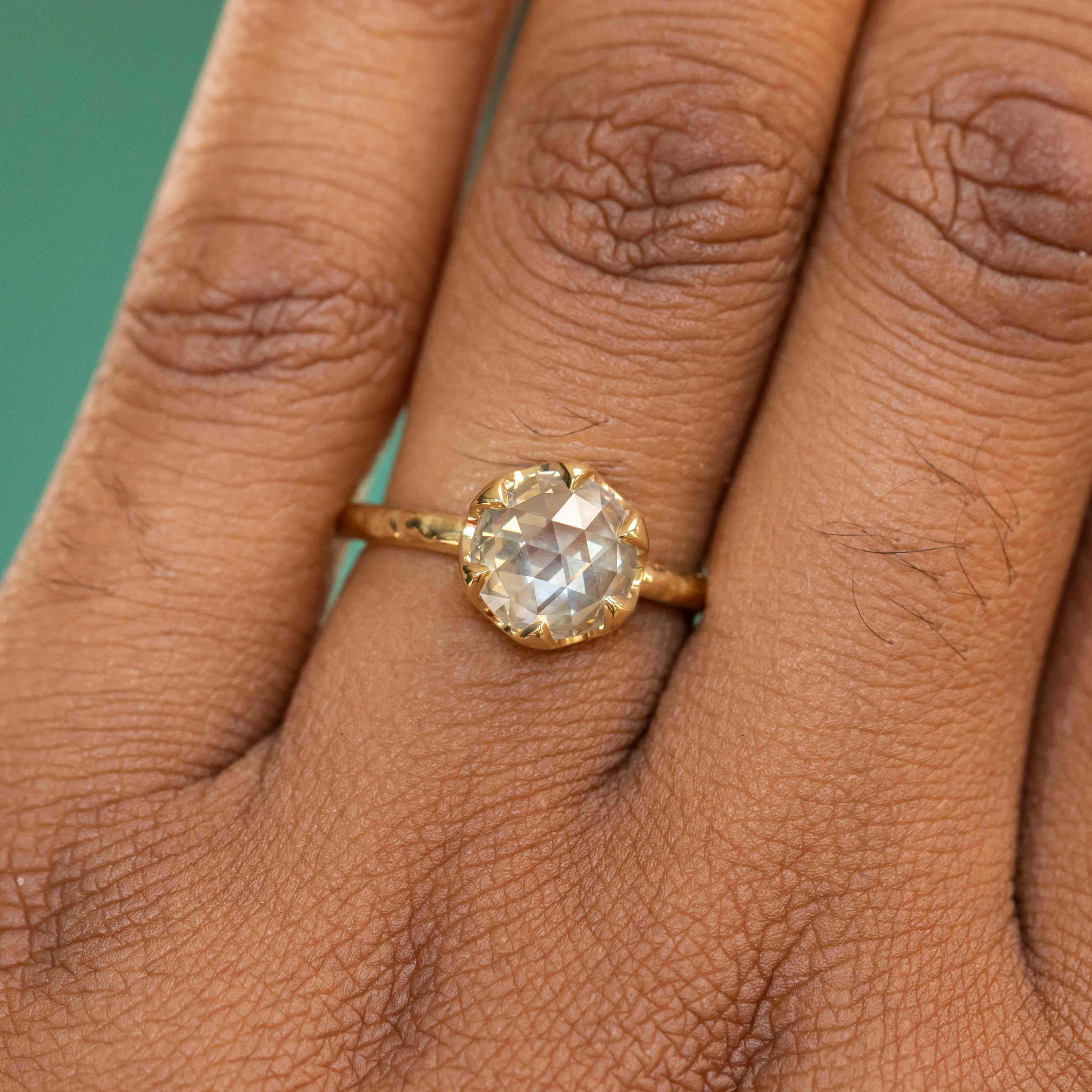 2.02ct Rosecut Champagne Diamond 6-Prong Low Profile Ring with Evergreen Carved Band in 18K Yellow Gold