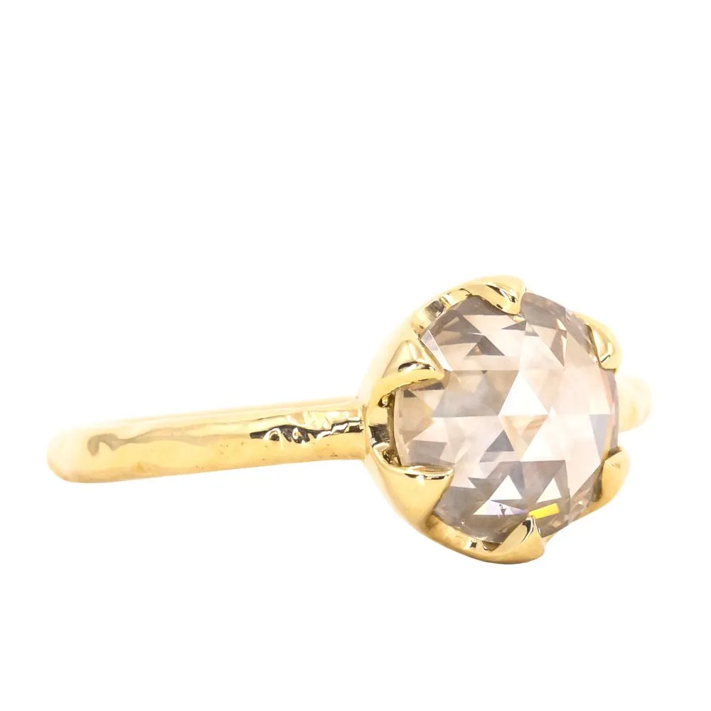 2.02ct Rosecut Champagne Diamond 6-Prong Low Profile Ring with Evergreen Carved Band in 18K Yellow Gold