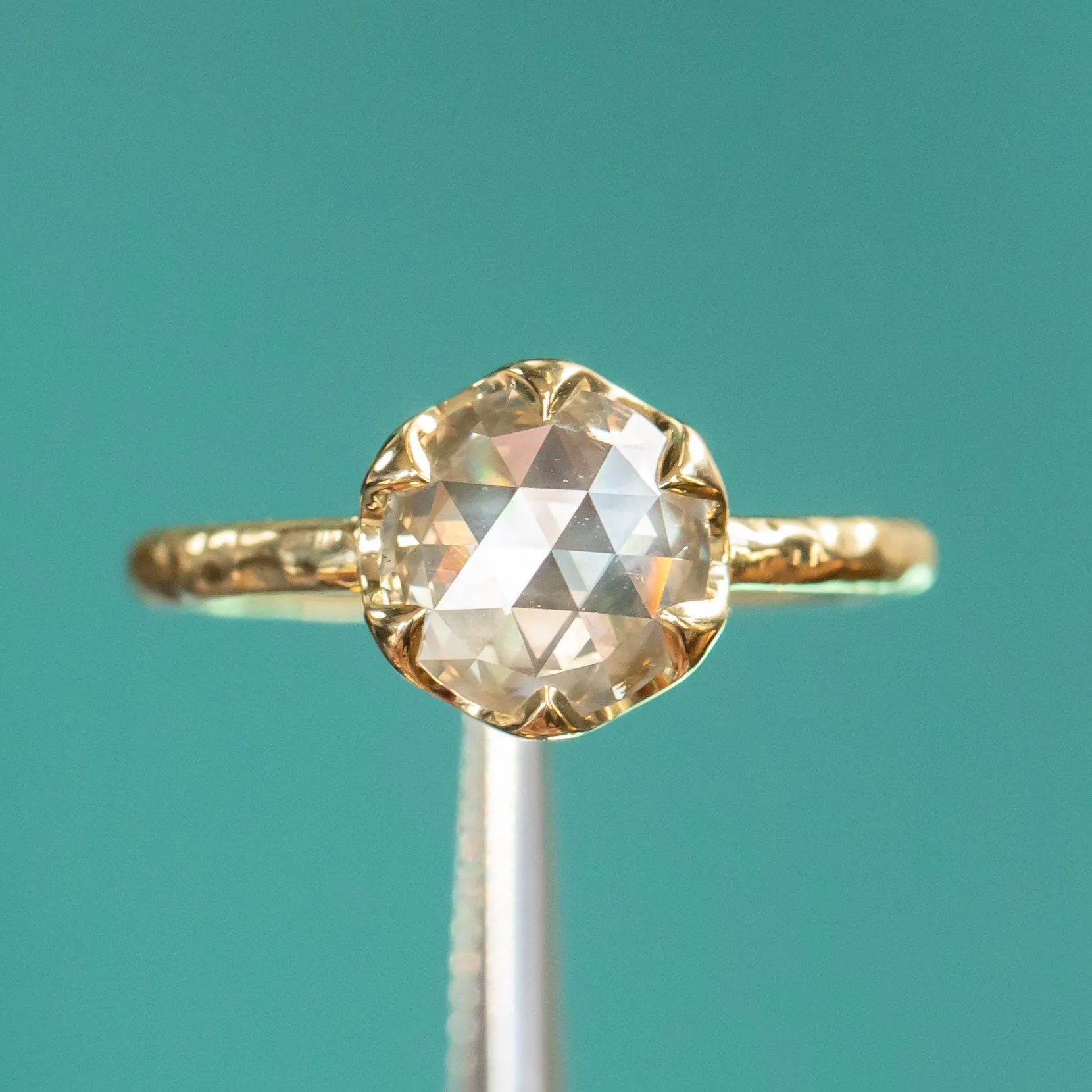 2.02ct Rosecut Champagne Diamond 6-Prong Low Profile Ring with Evergreen Carved Band in 18K Yellow Gold