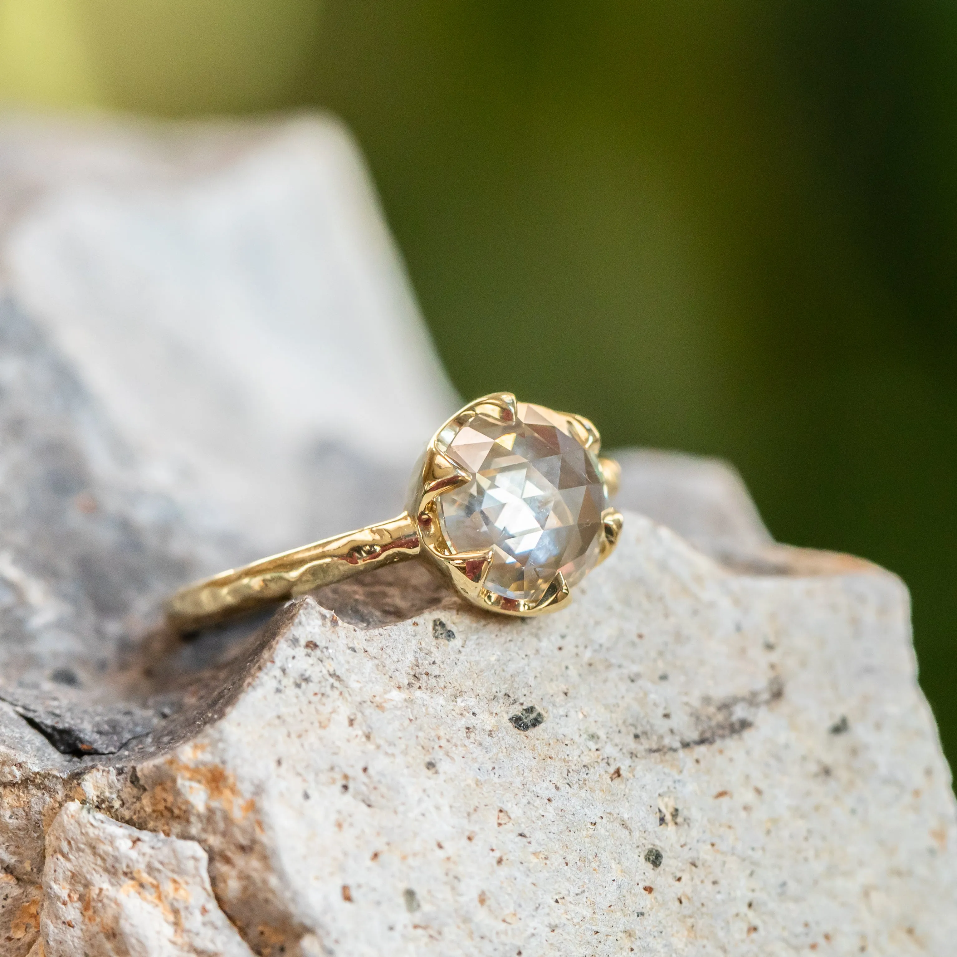 2.02ct Rosecut Champagne Diamond 6-Prong Low Profile Ring with Evergreen Carved Band in 18K Yellow Gold