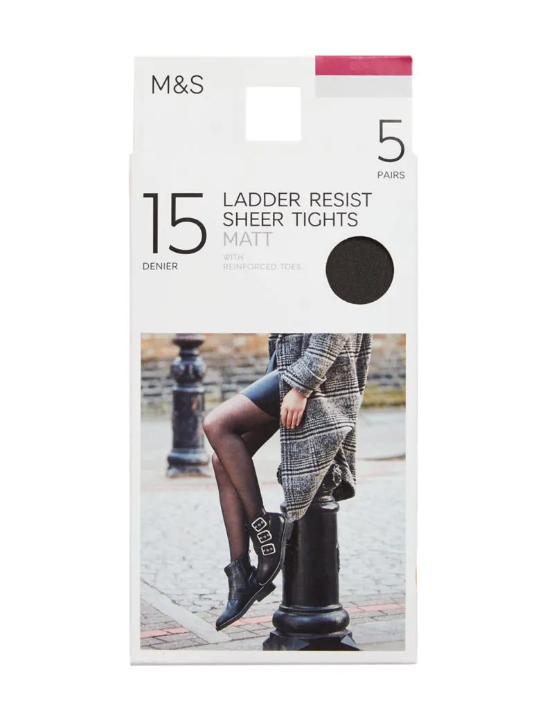 5pk 15 Denier Ladder Resist Matt Tights