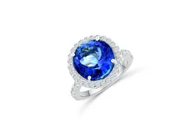 7.17 CT Round Tanzanite Diamond Ring 0.85 CT TW Diamonds 14K White Gold TZR002