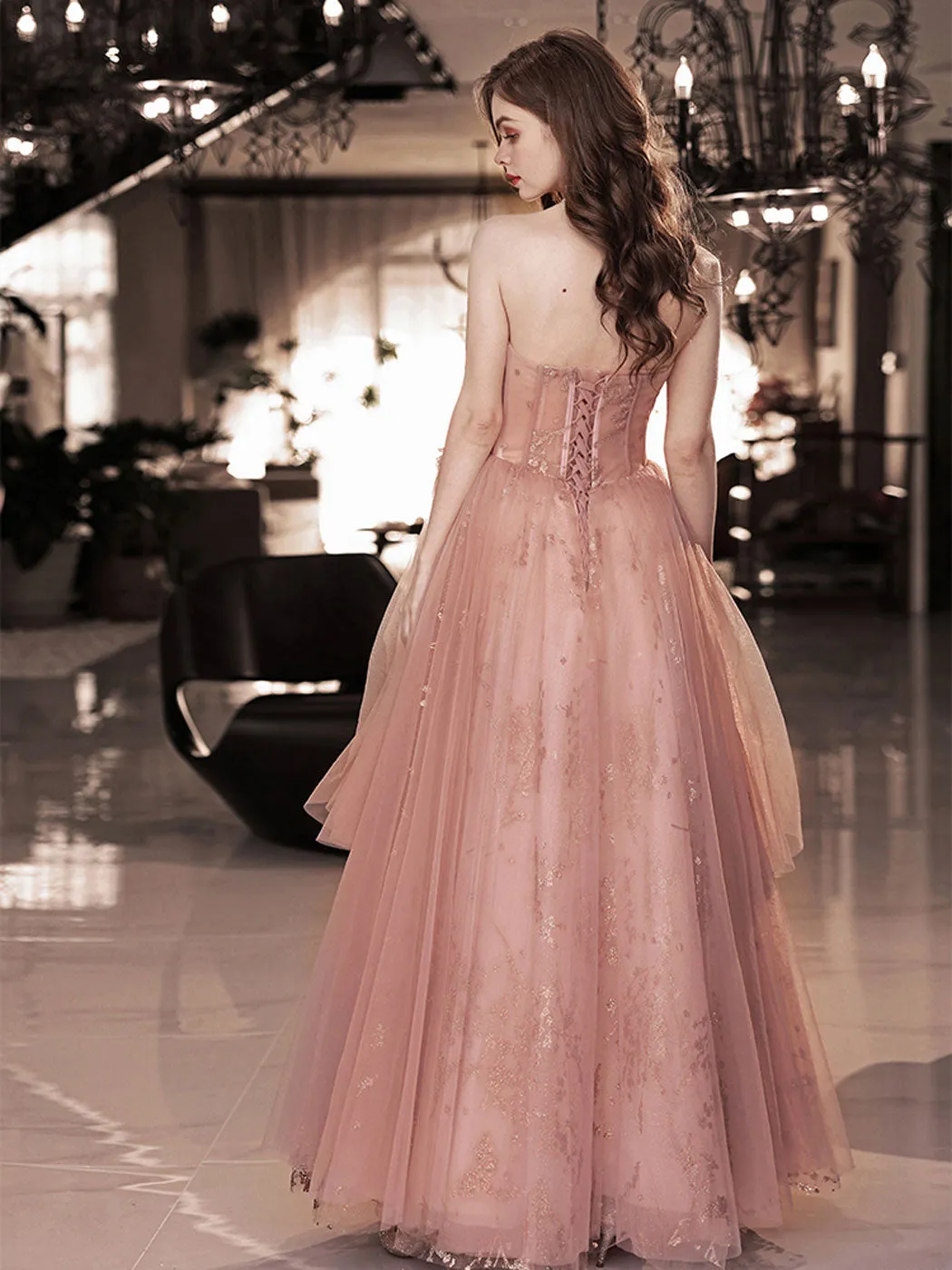 A line tulle lace long pink prom dress lace pink evening dress