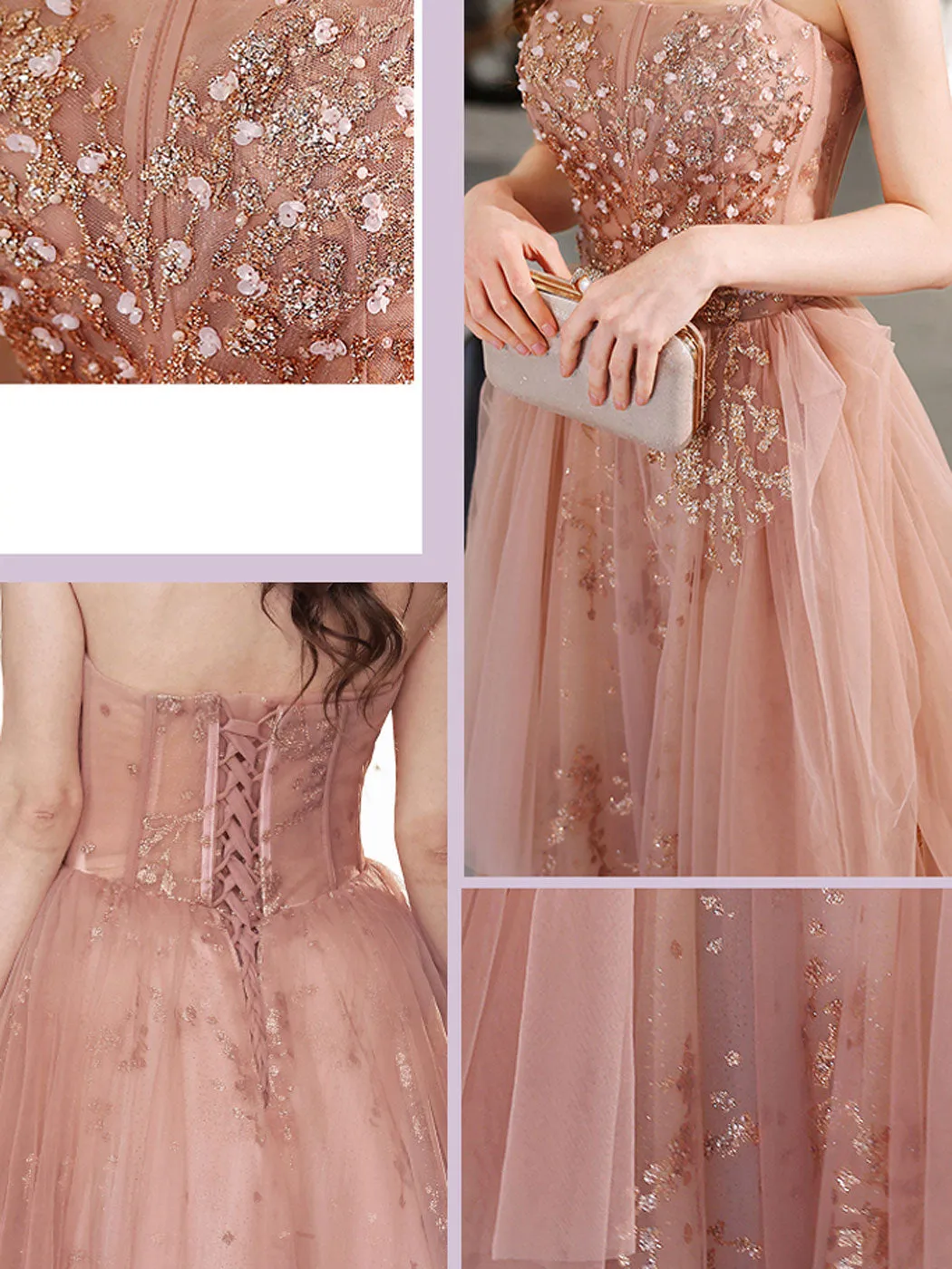 A line tulle lace long pink prom dress lace pink evening dress