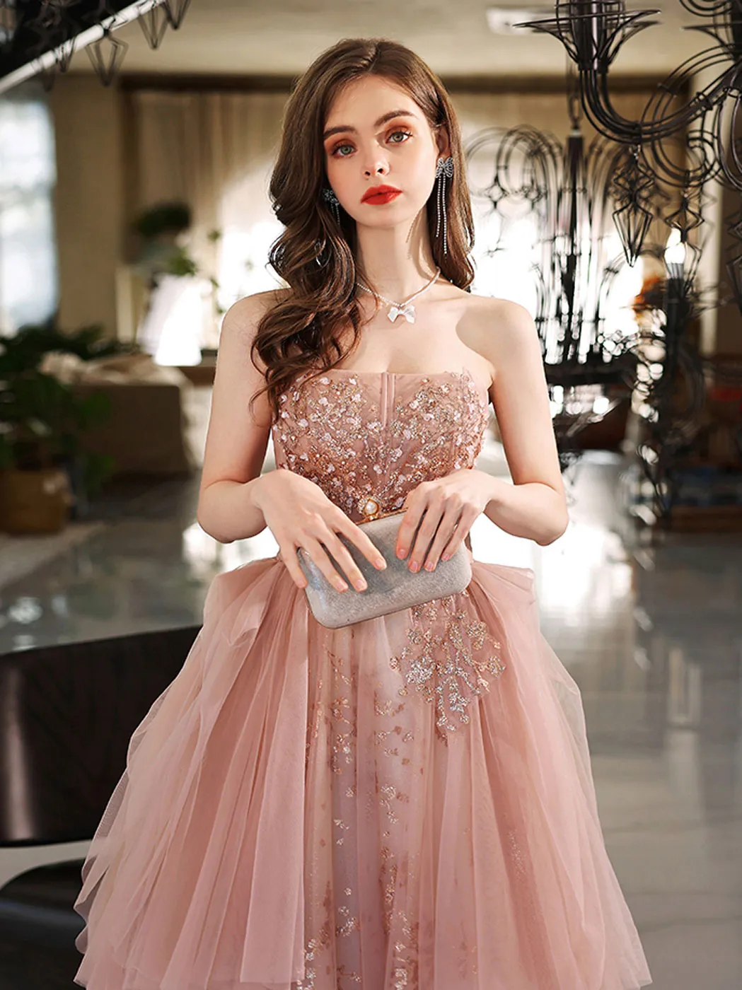 A line tulle lace long pink prom dress lace pink evening dress