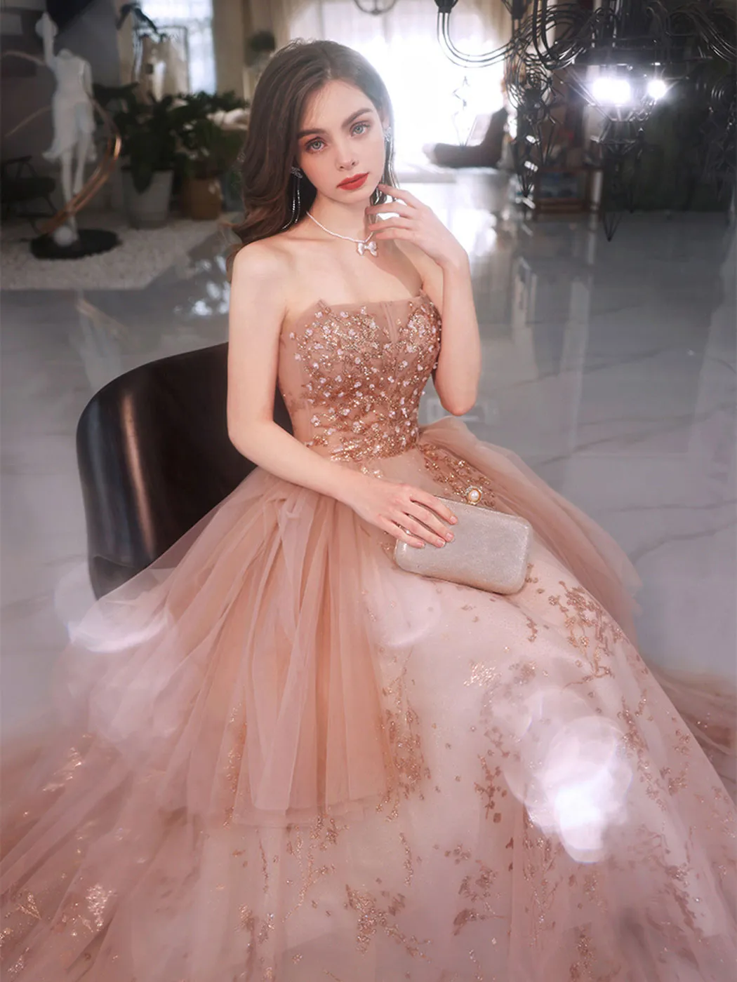 A line tulle lace long pink prom dress lace pink evening dress