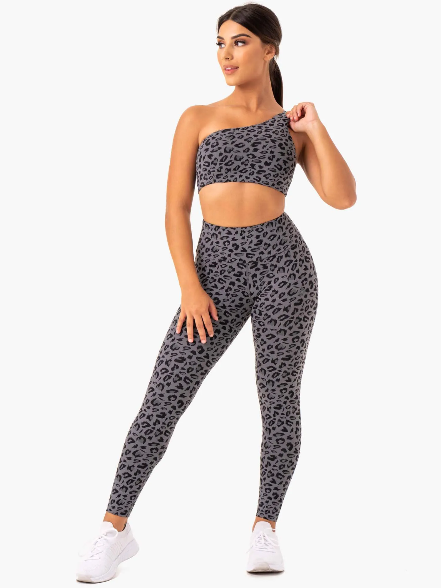 Adapt One Shoulder Sports Bra - Grey Leopard