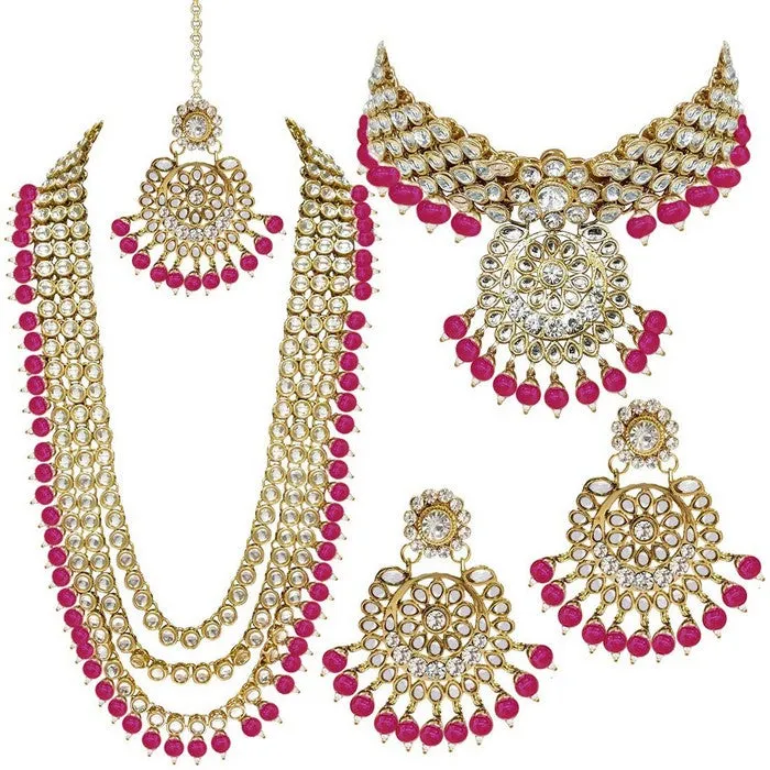 Alloy Necklace with Earrings and Maang Tikka in Pink