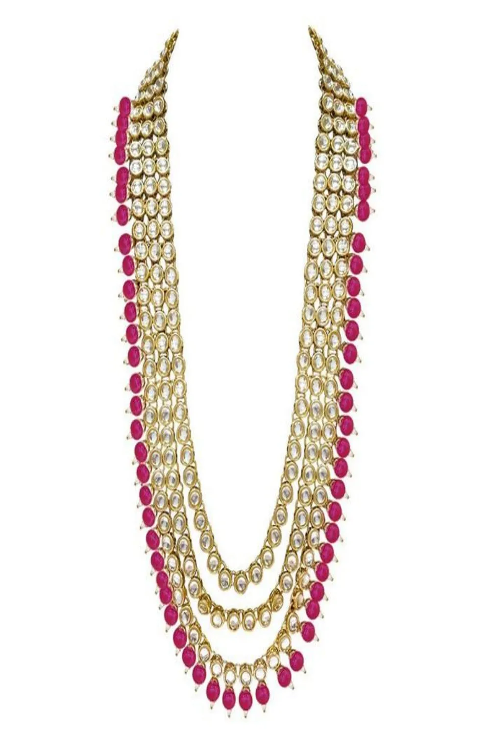 Alloy Necklace with Earrings and Maang Tikka in Pink