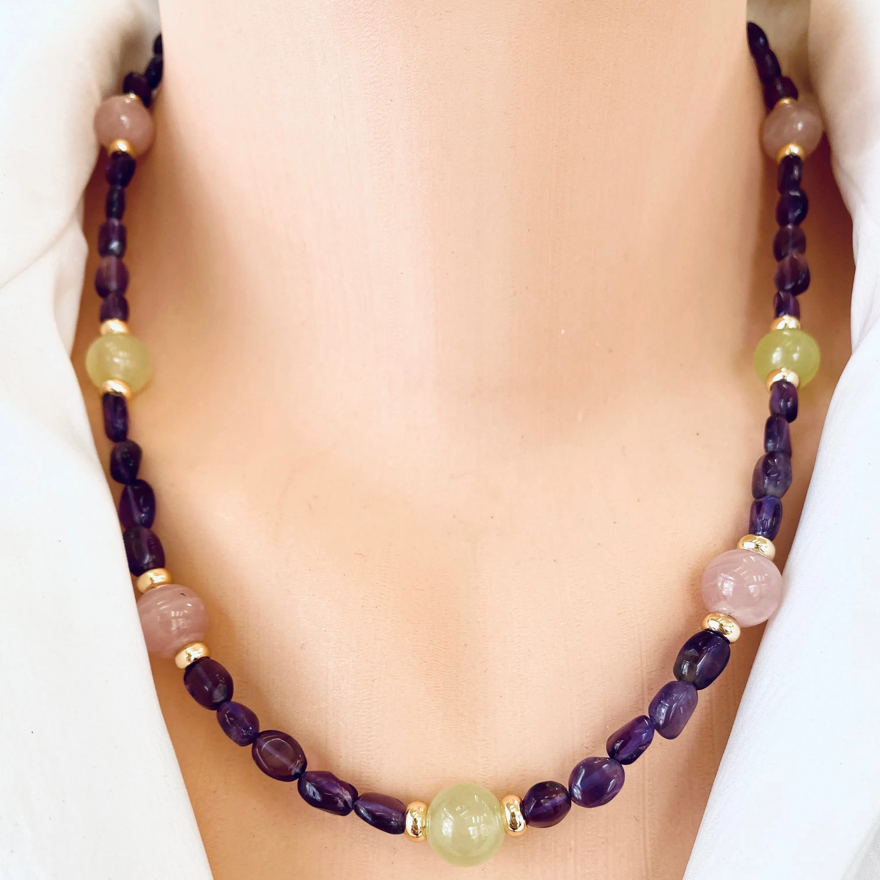 Amethyst Bonbons Necklace w Rose Quartz & Lime Green Jade Accent Beads, Gold Plated, 19in