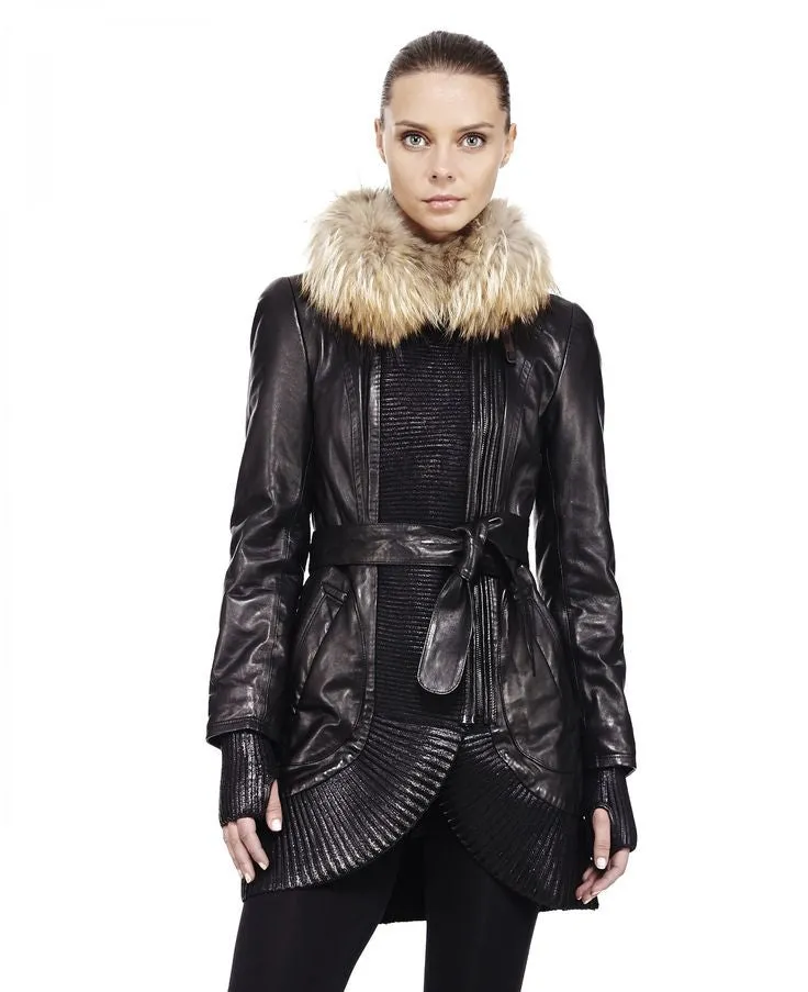 Anahita Leather Coat With Fur Trim