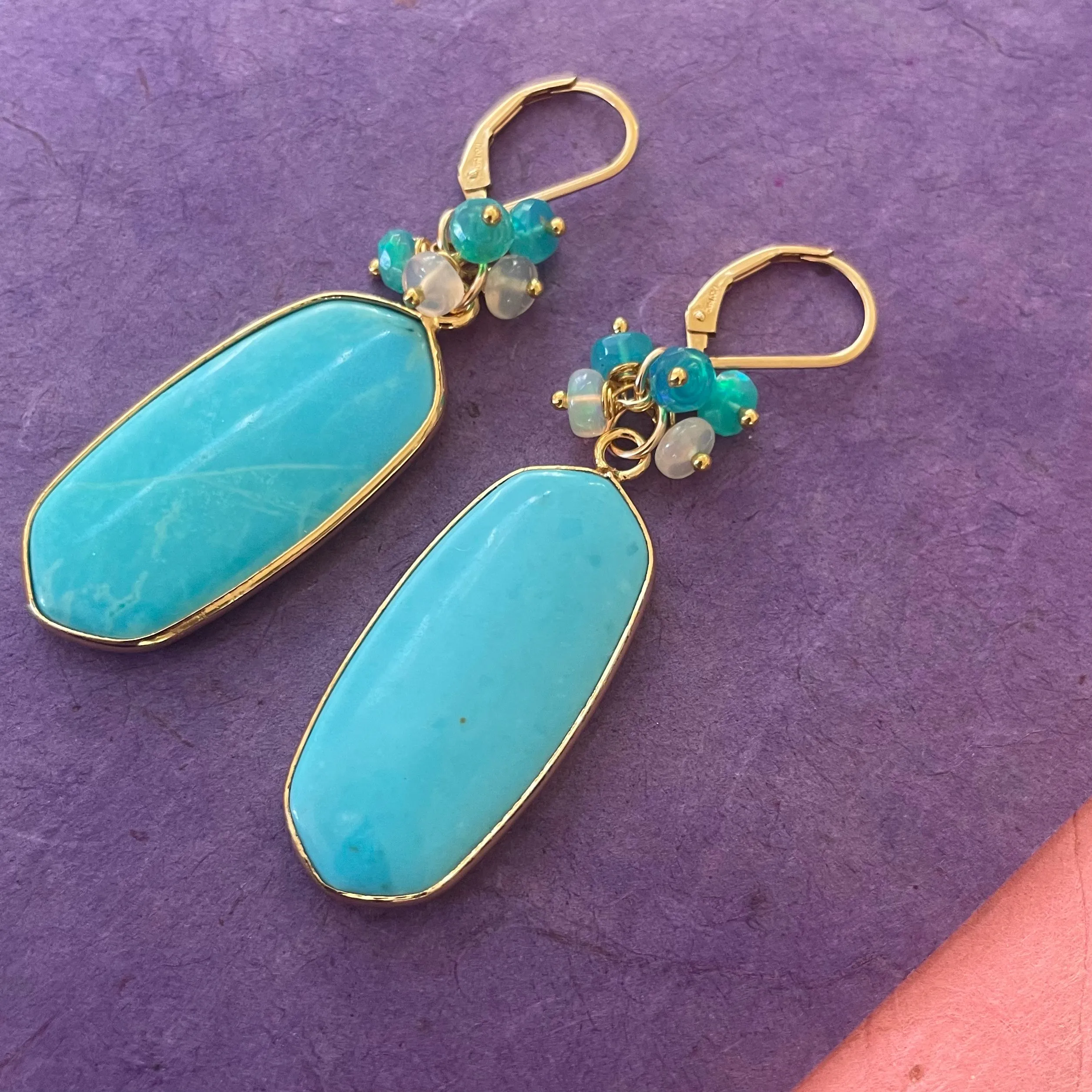 Apatite and Opal Cluster Statement Earrings, leverback, OOAK