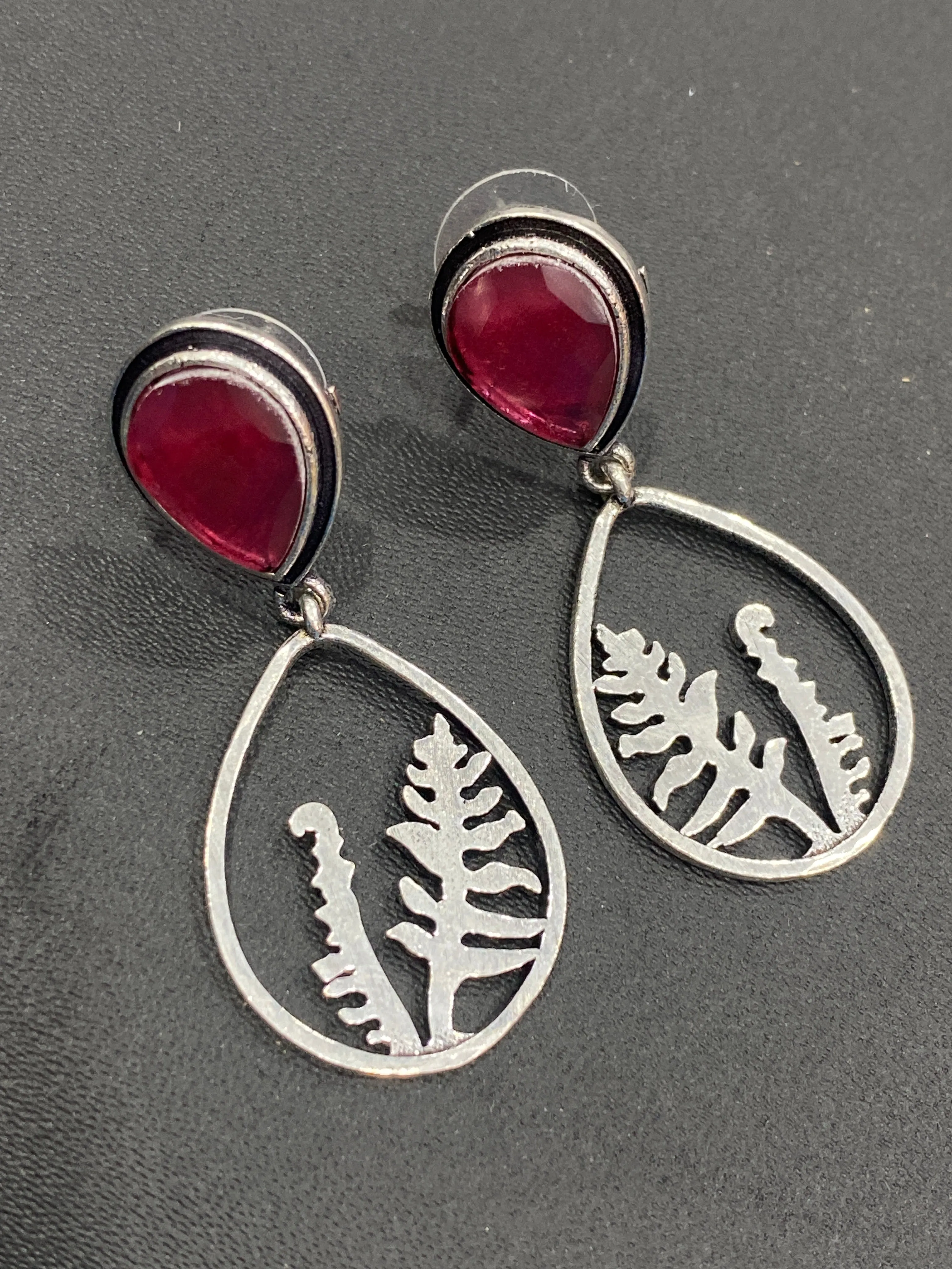 Appealing Ruby AD Stone Studded Silver Plated Oxidized Earrings