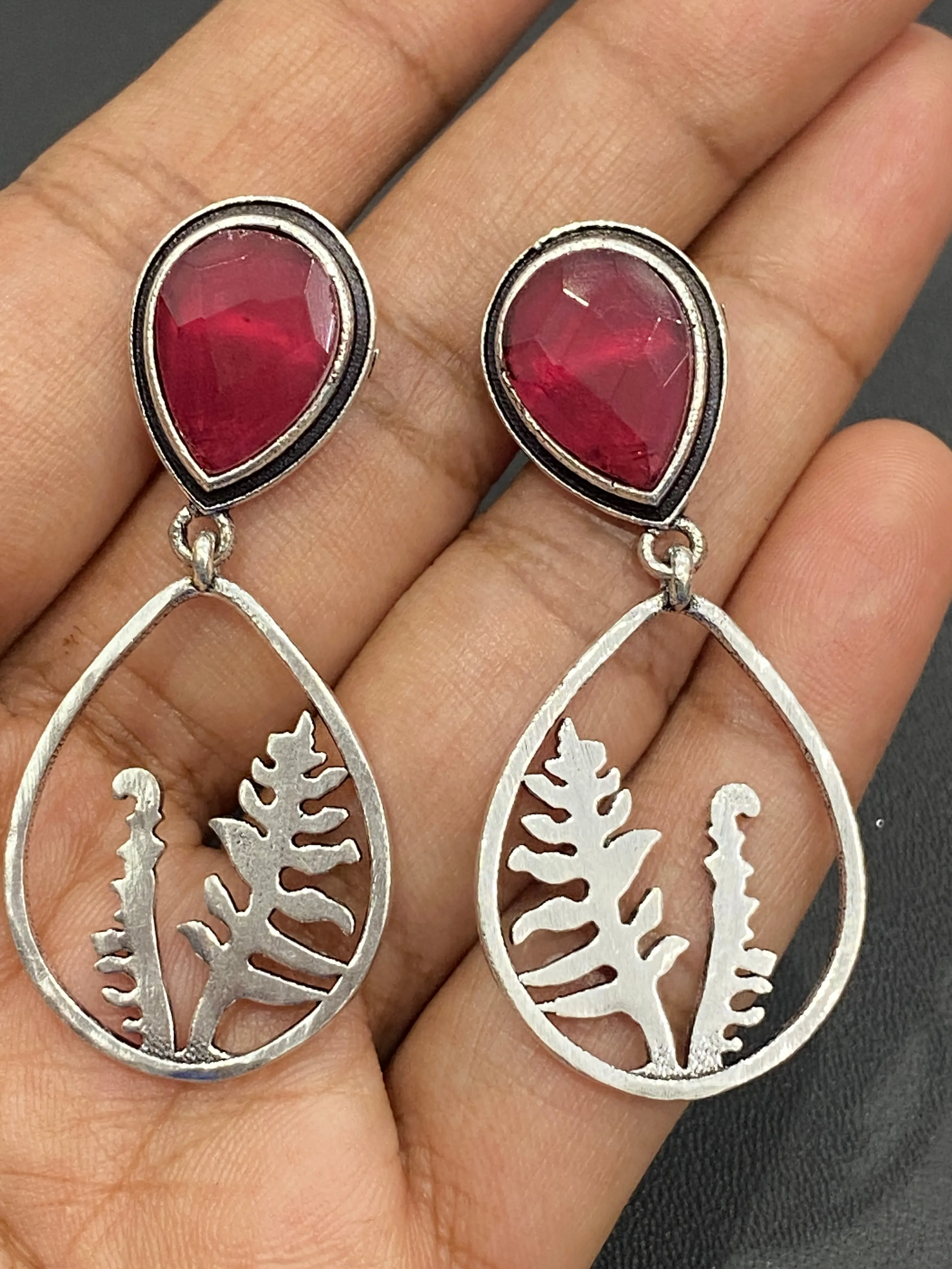 Appealing Ruby AD Stone Studded Silver Plated Oxidized Earrings