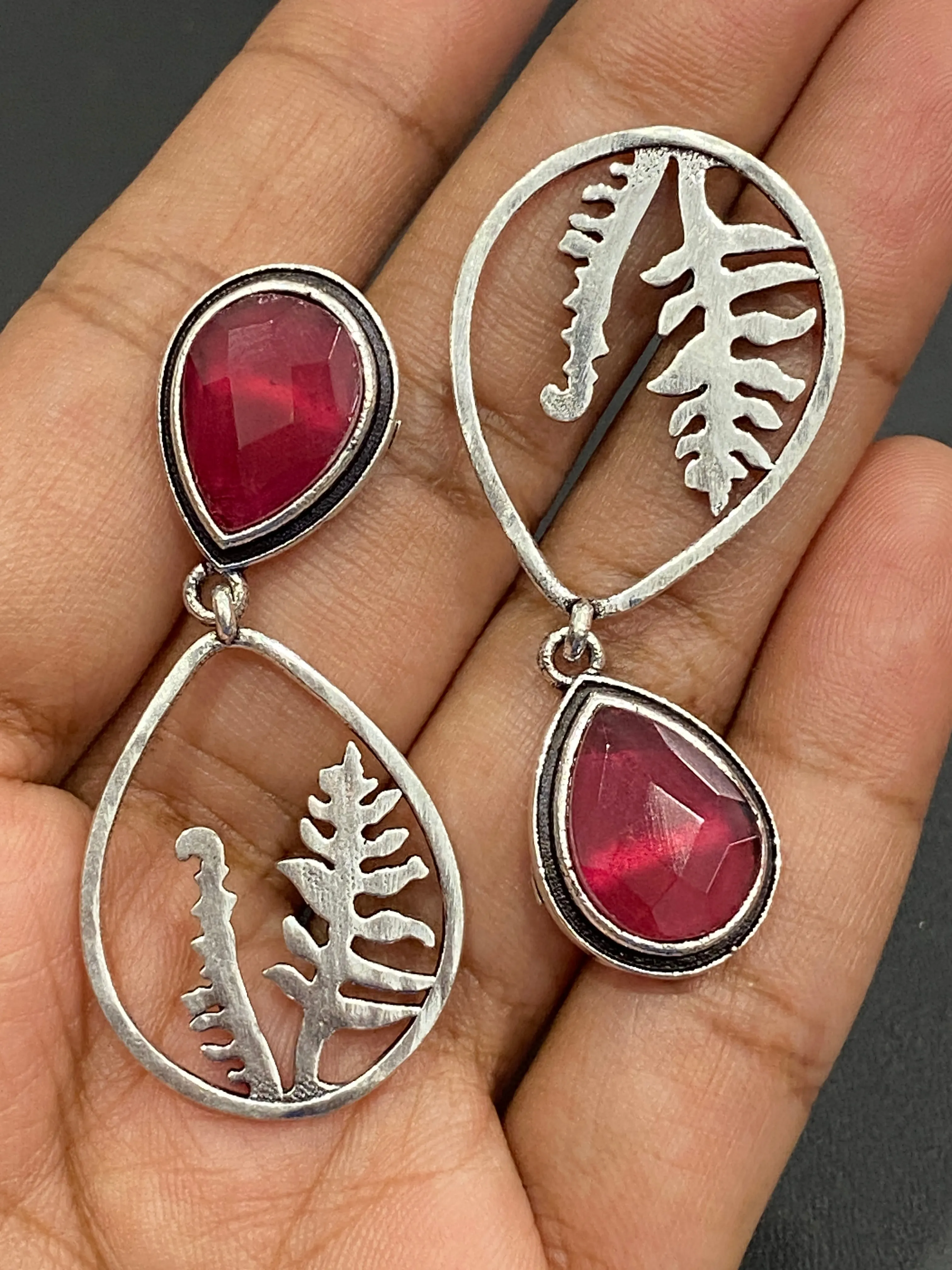 Appealing Ruby AD Stone Studded Silver Plated Oxidized Earrings