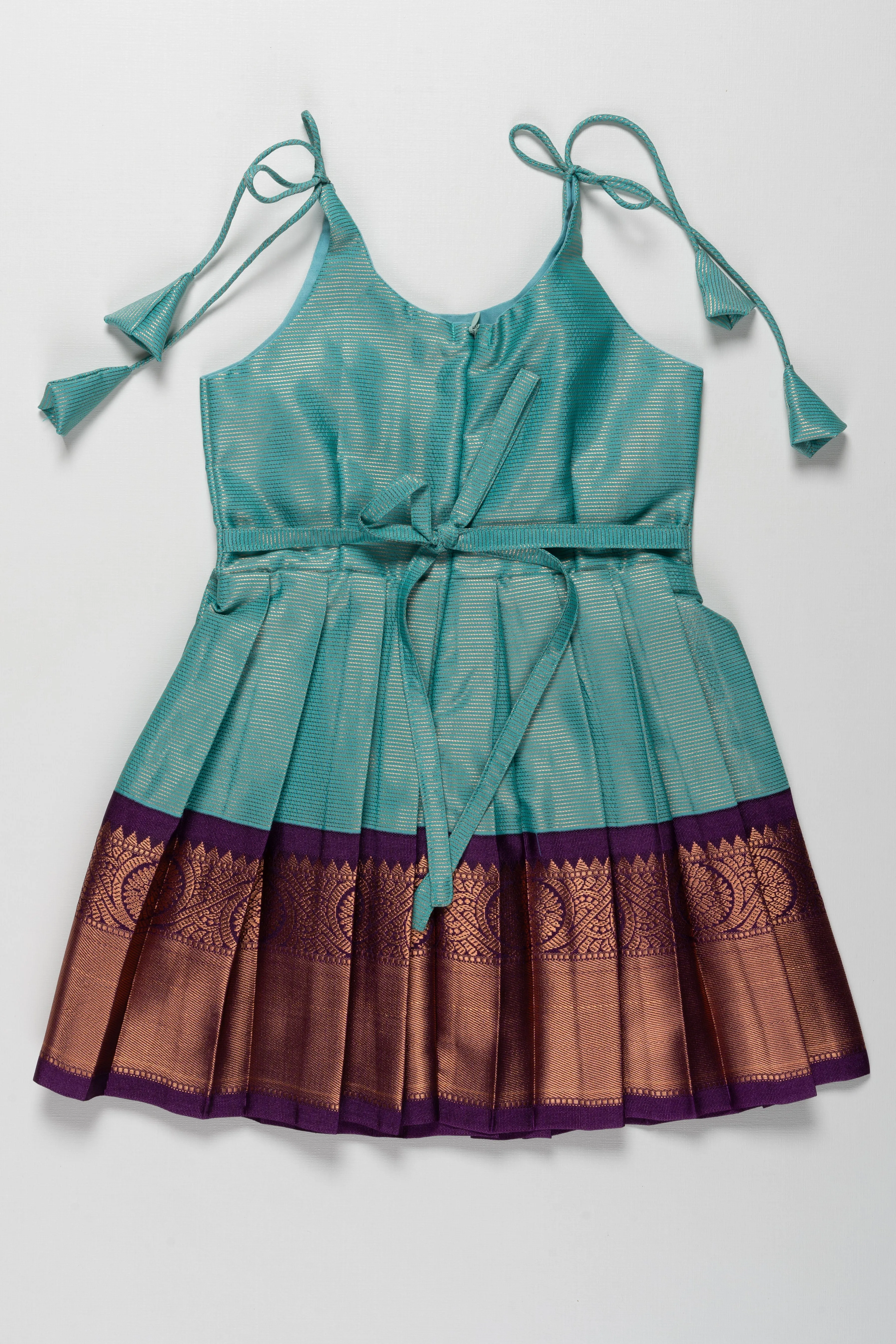 Aqua Silk Knot-Tie Frock for Choulam and Choroonu: Exquisite Craftsmanship with Elegant Contrasts