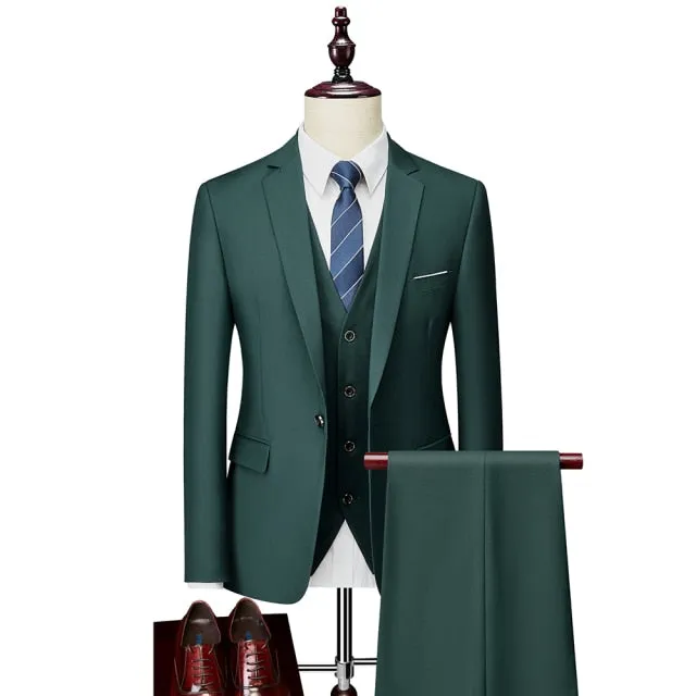 Army Green Classic Custom Business Single-button Three Piece Suit for Men