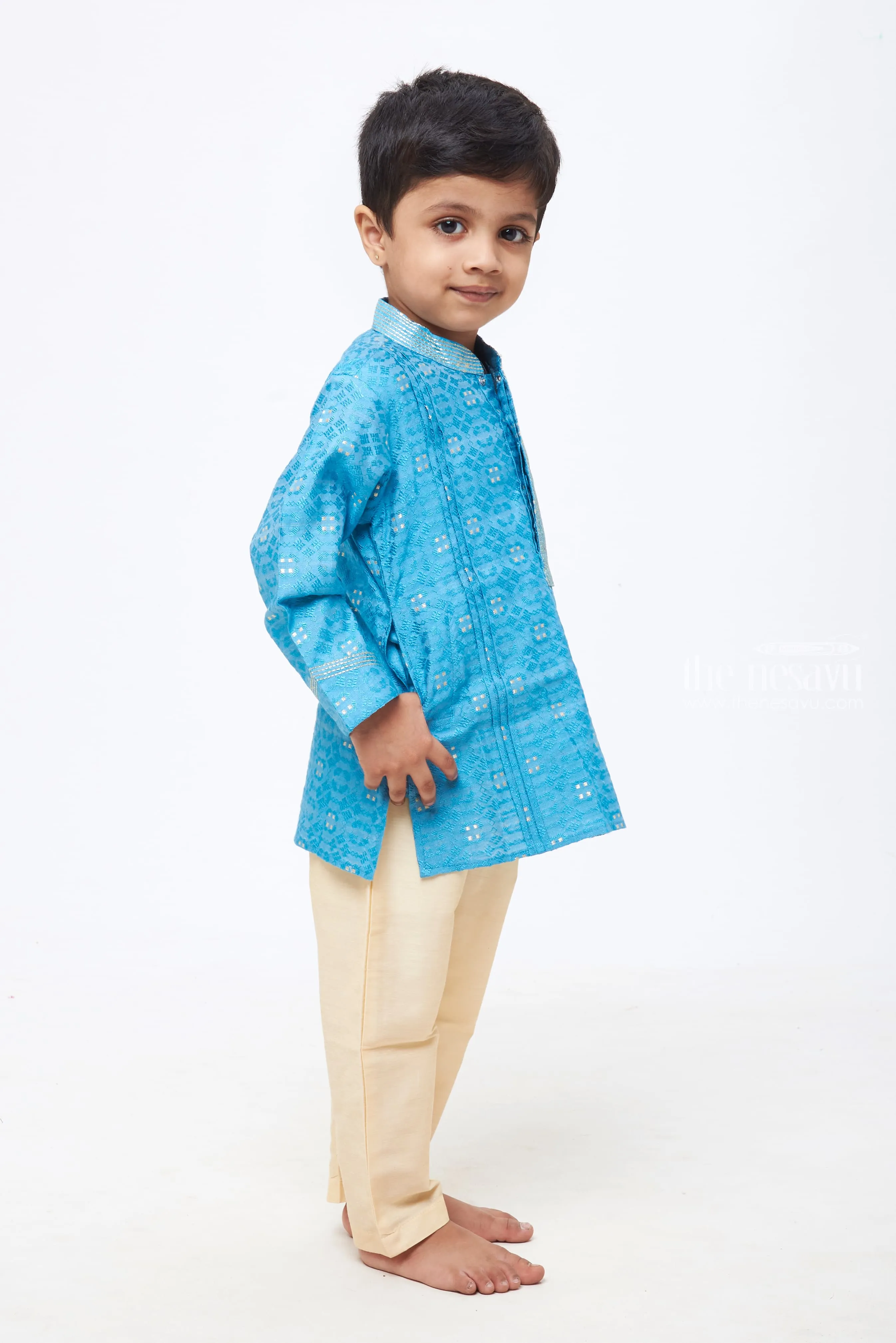 Azure Elegance: Boys' Jacquard Kurta with Tailored White Trousers