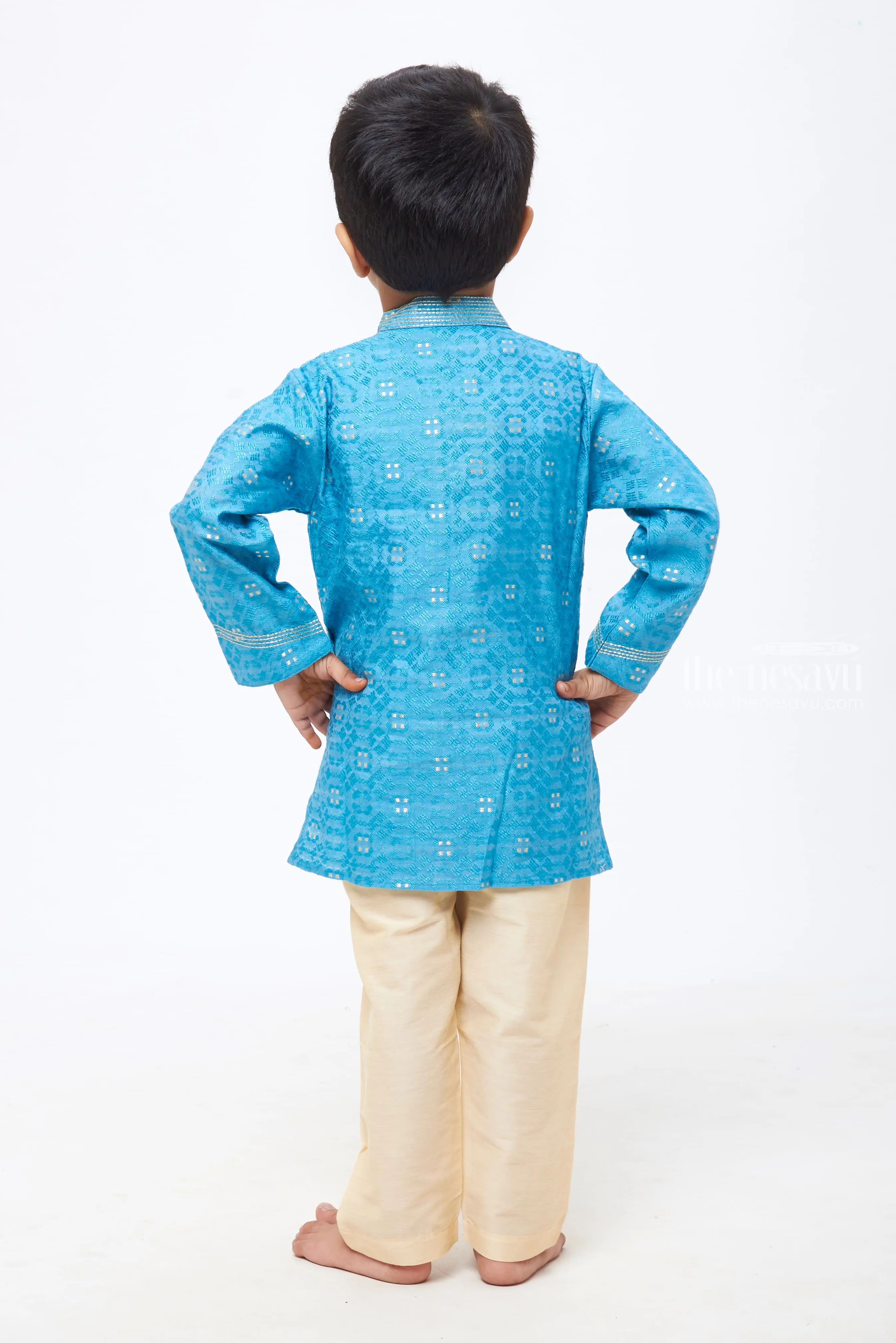 Azure Elegance: Boys' Jacquard Kurta with Tailored White Trousers