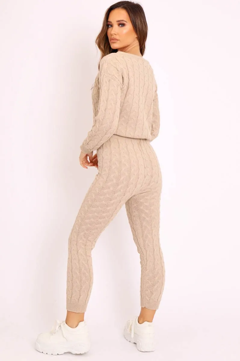 Beige Cable Knit Sweater and Leggings Loungewear Co-ord - Ionia