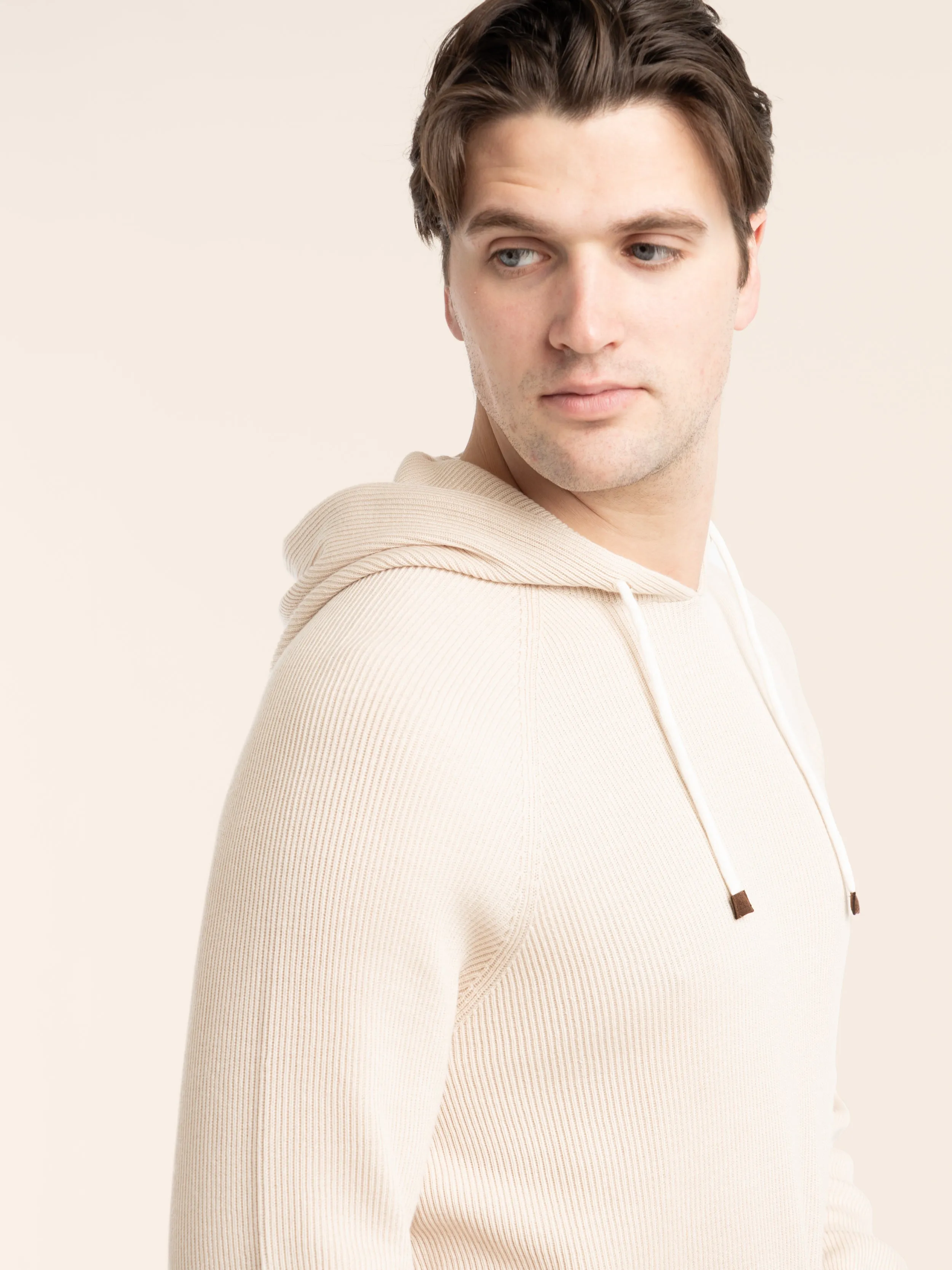 Beige Cotton English Rib Hooded Sweater