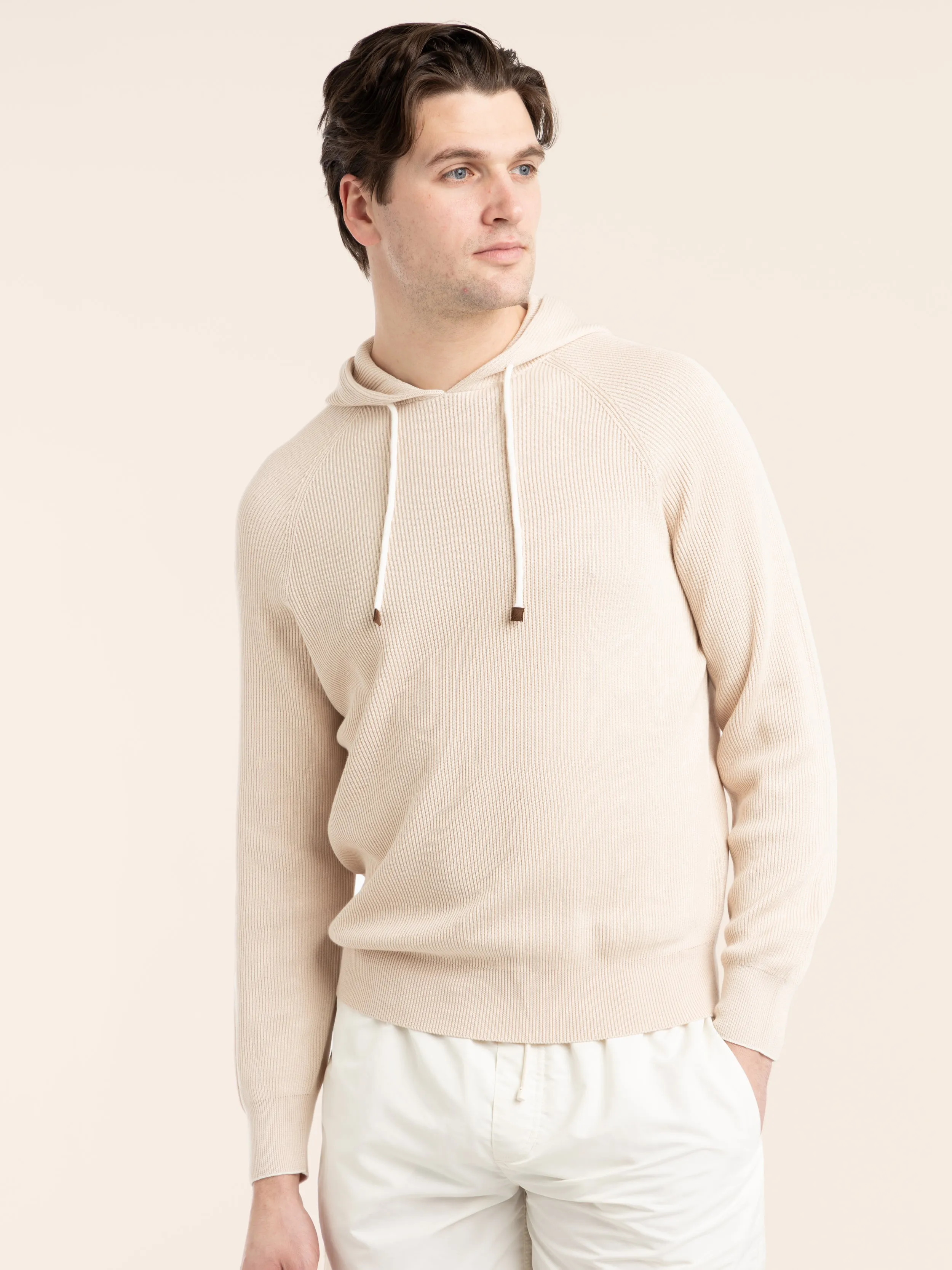 Beige Cotton English Rib Hooded Sweater