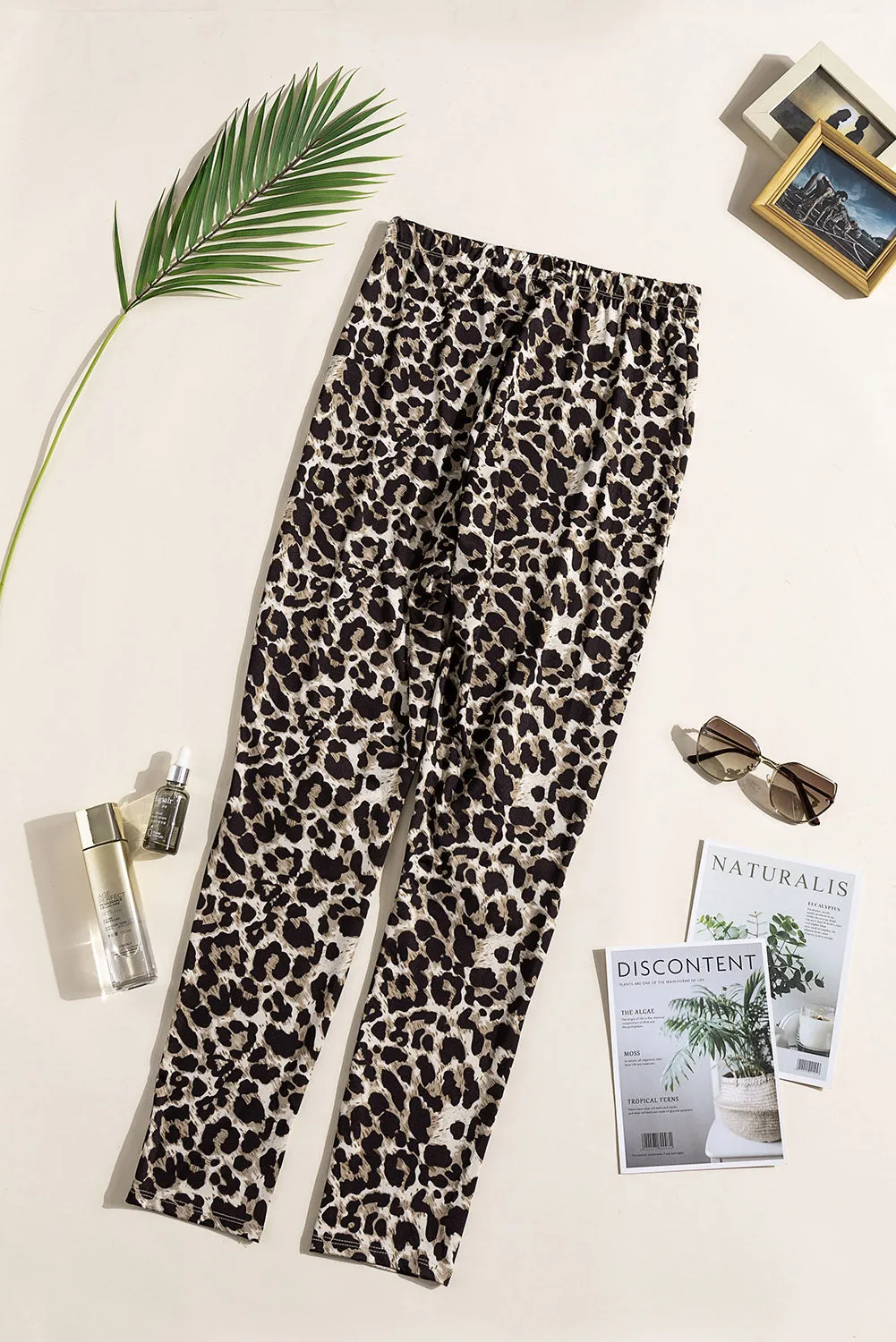 Beige Hollow Out Skinny Leopard Print Leggings