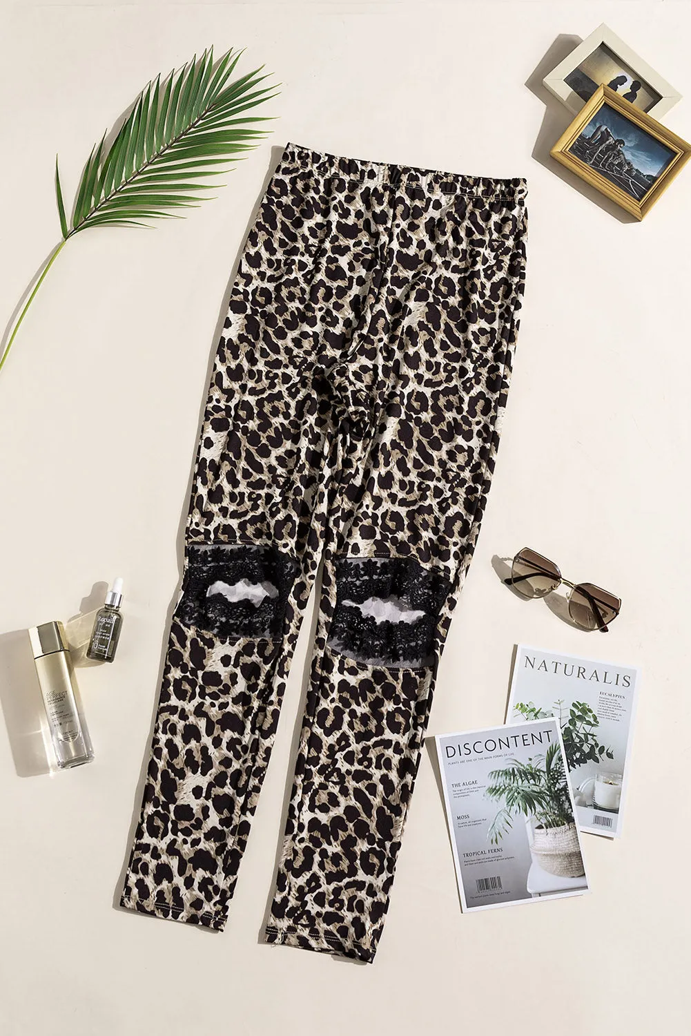 Beige Hollow Out Skinny Leopard Print Leggings