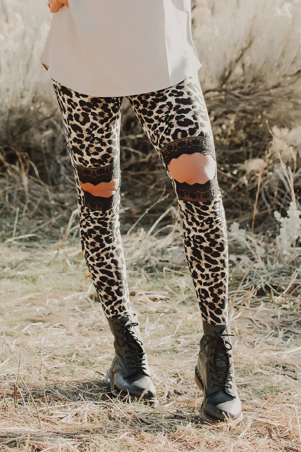 Beige Hollow Out Skinny Leopard Print Leggings