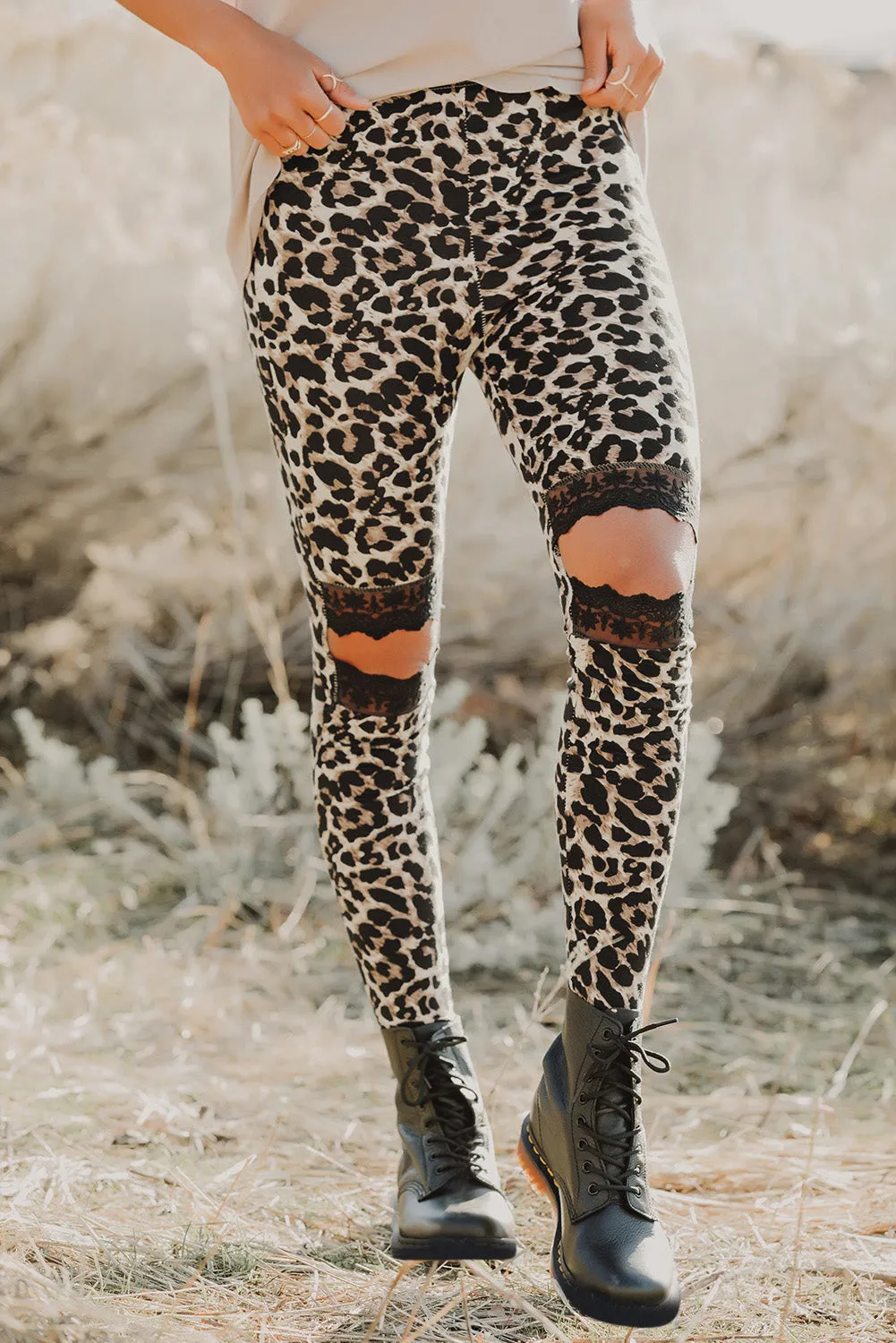 Beige Hollow Out Skinny Leopard Print Leggings