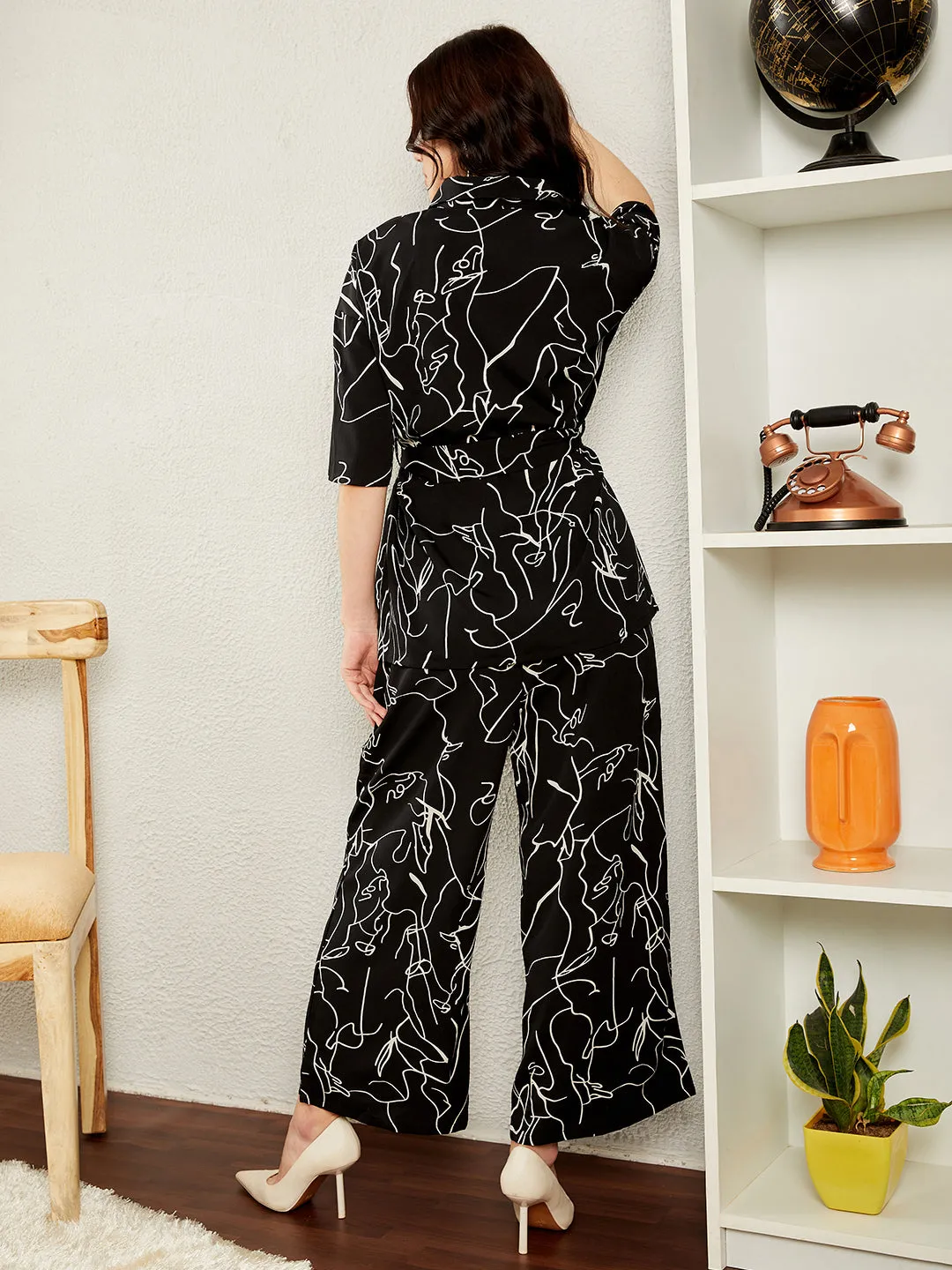 Berrylush BIZwear Women Black & White Abstract Printed Shirt Collar Neck Tie-Up Belted Top & Wide Leg Pants Set