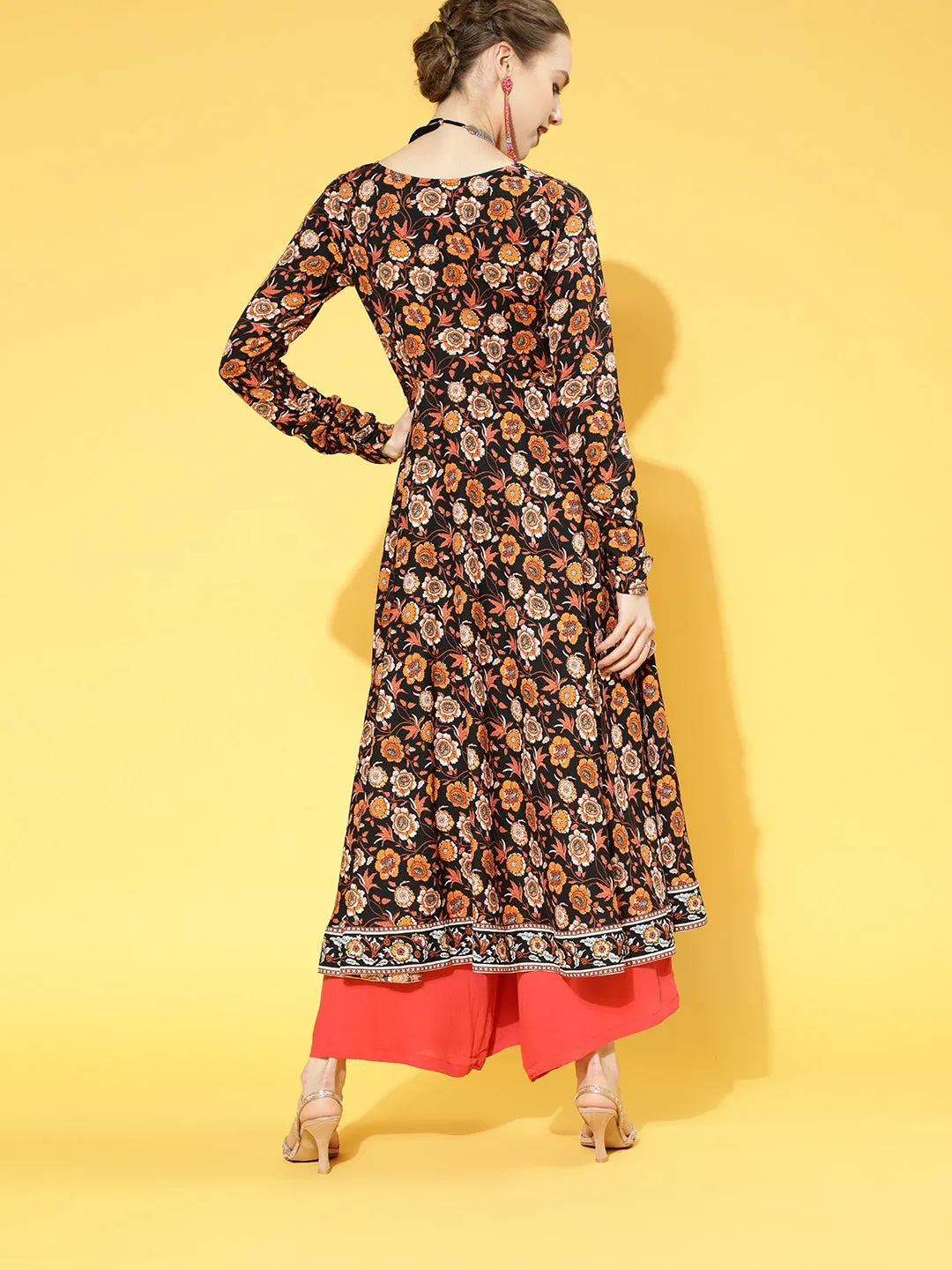 Berrylush Women Black & Orange Ethnic Motifs Printed Round Neck Flared Calf Length Anarkali Kurta